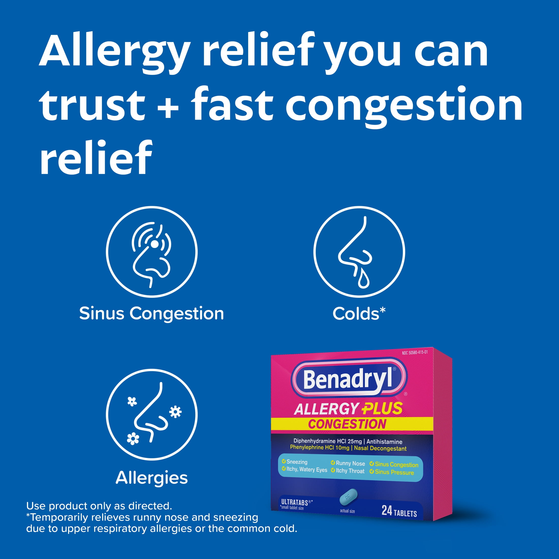 Benadryl Allergy Plus Congestion Ultratabs 24 Ct for Allergy Relief