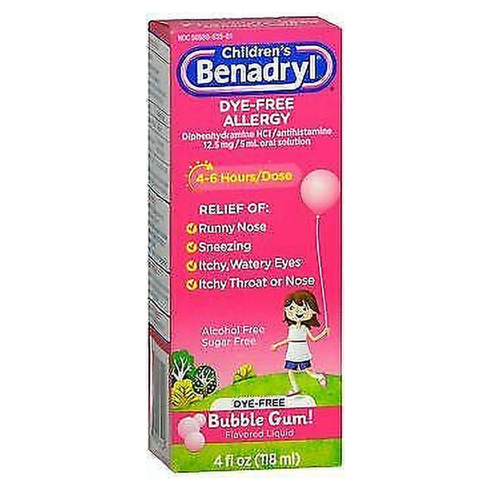 Benadryl Childrens Allergy Relief Dye Free Bubble Gum 4 oz 4 Pack