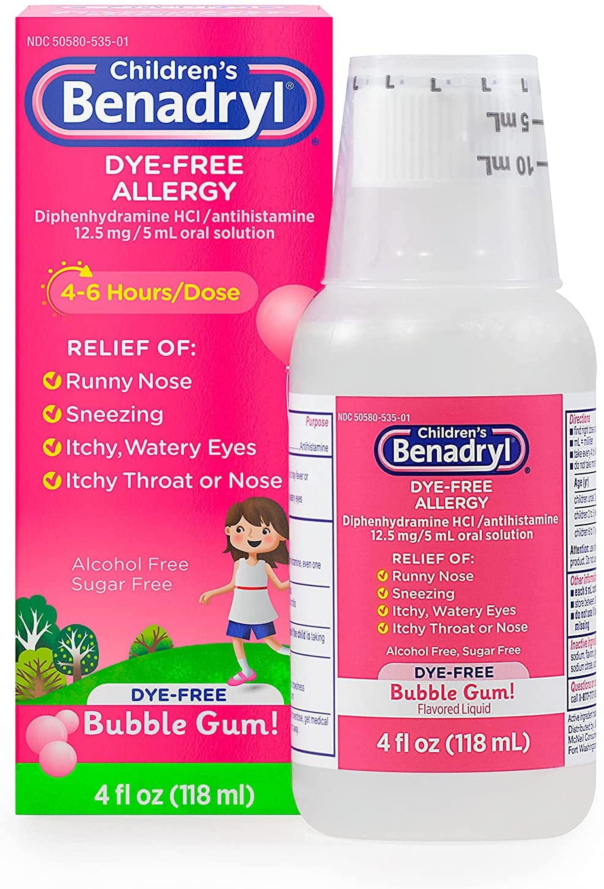 Benadryl Childrens Allergy Relief Dye Free Bubble Gum 4 oz 4 Pack