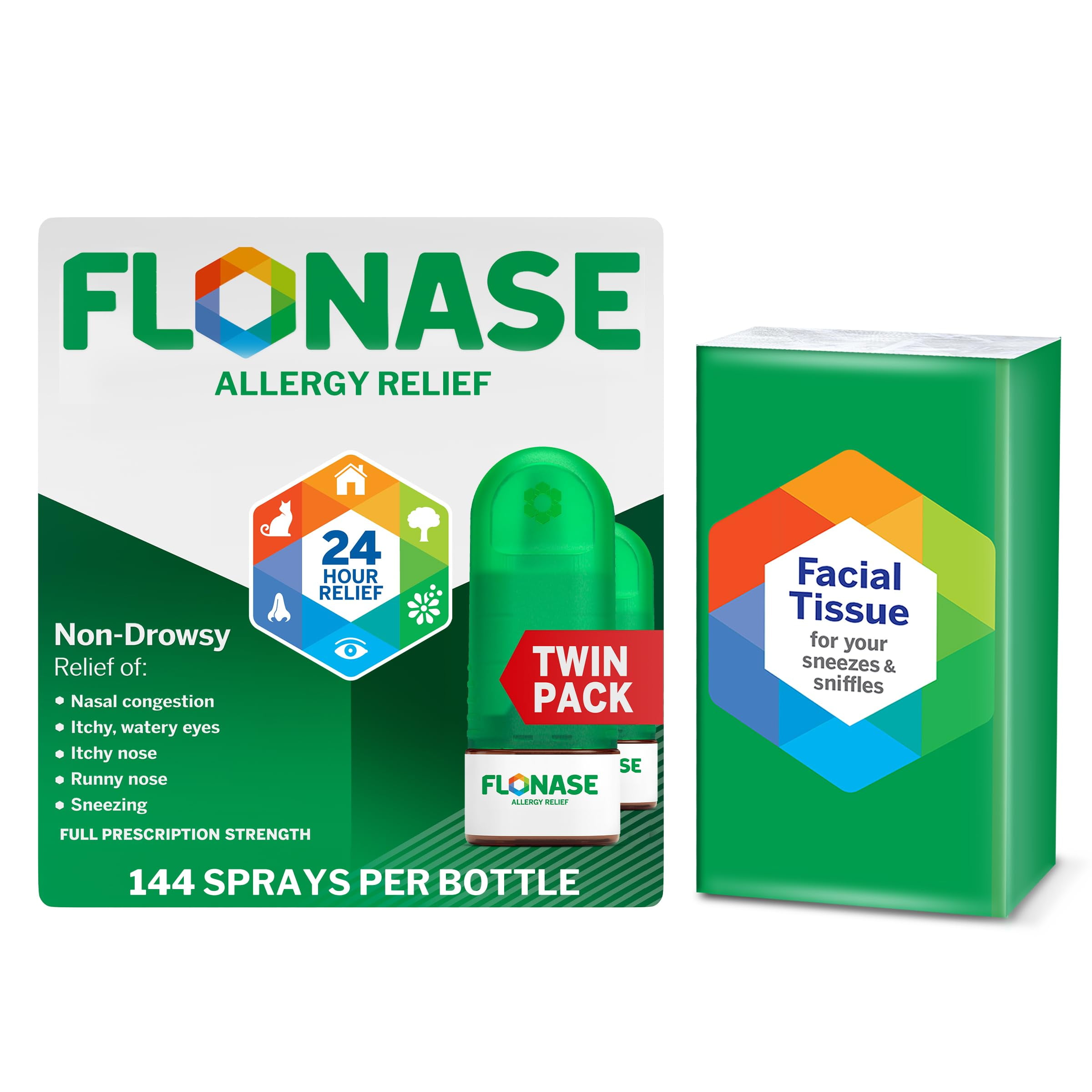 Flonase Allergy Relief HYZ01 Nasal Spray 24-Hour Non-Drowsy Multi-Symptom - 144 Sprays 2-Pack