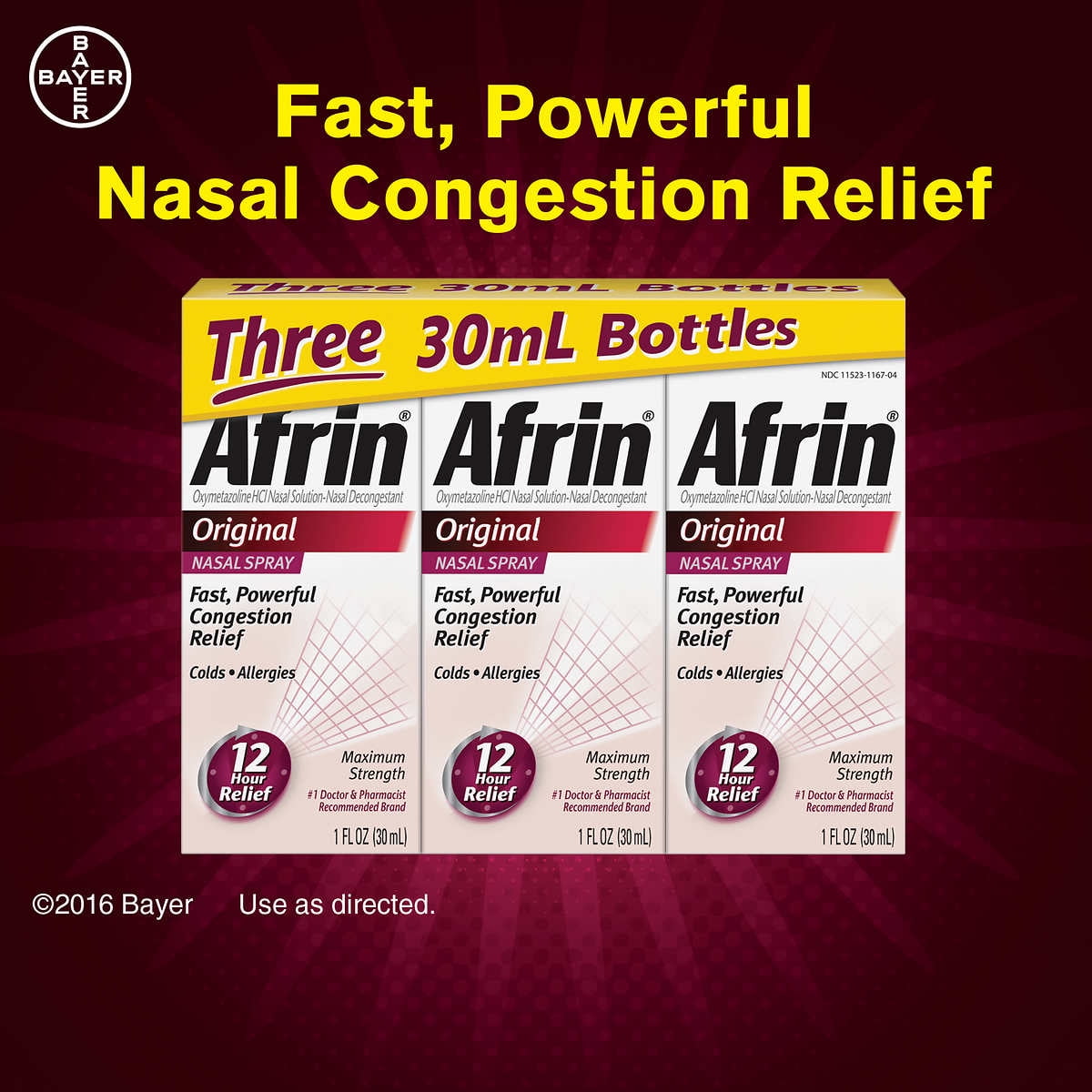 Afrin Original Nasal Decongestant Spray 3-30mL Bottles for Fast Relief