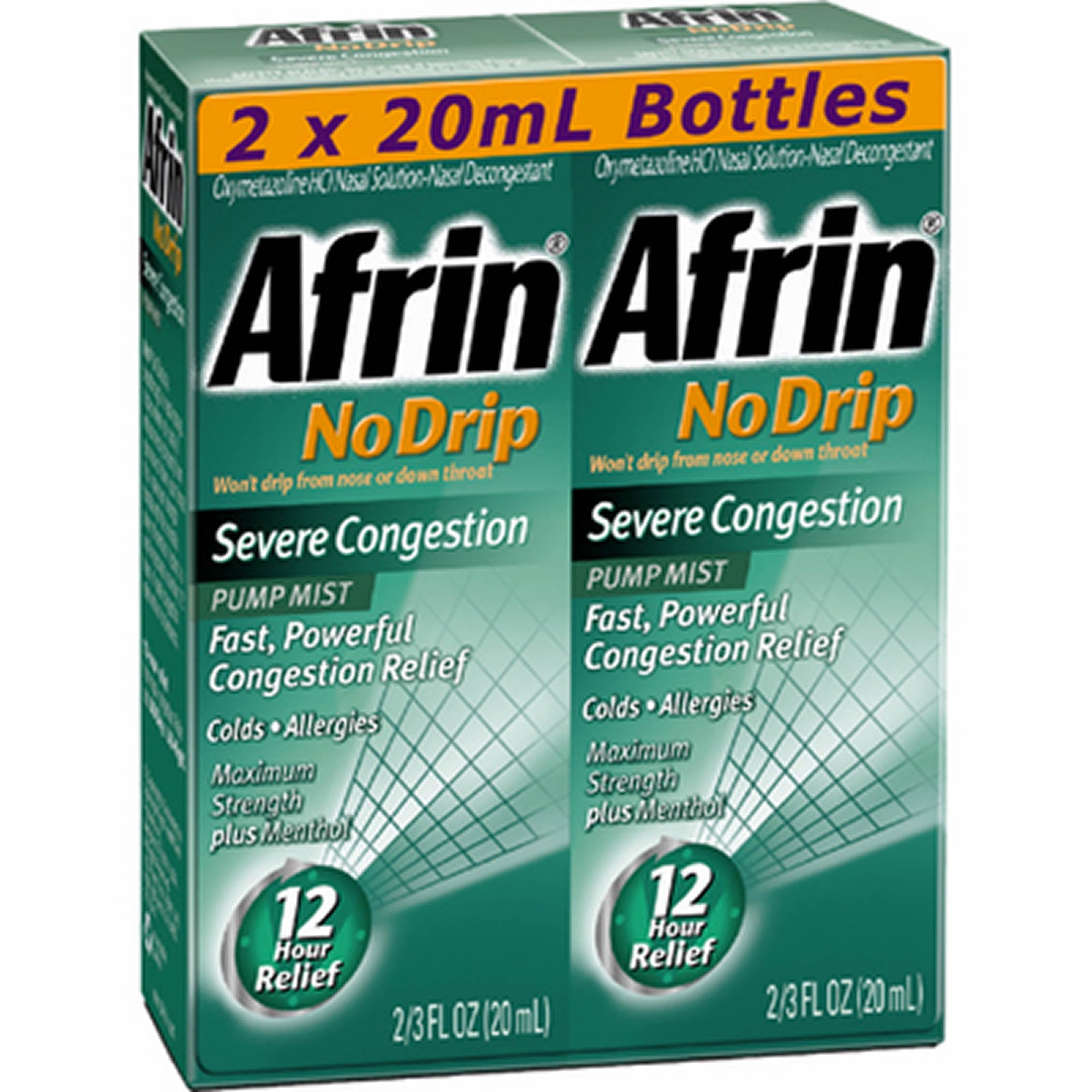 Afrin No Drip Severe Congestion Nasal Spray 20 ml Pump Mist - 2 Pack
