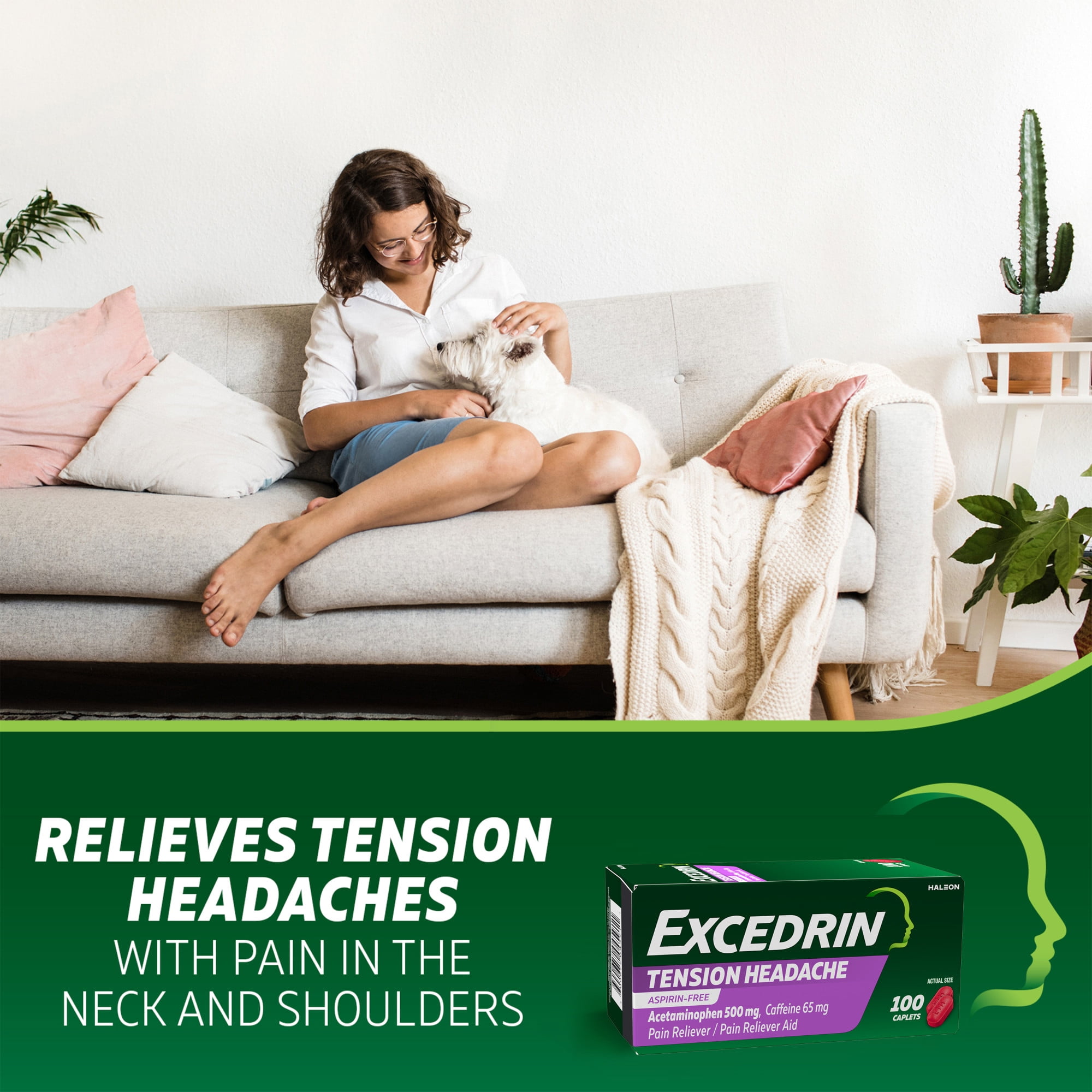 Excedrin Tension Headache Relief Caplets with Acetaminophen and Caffeine 100 Count