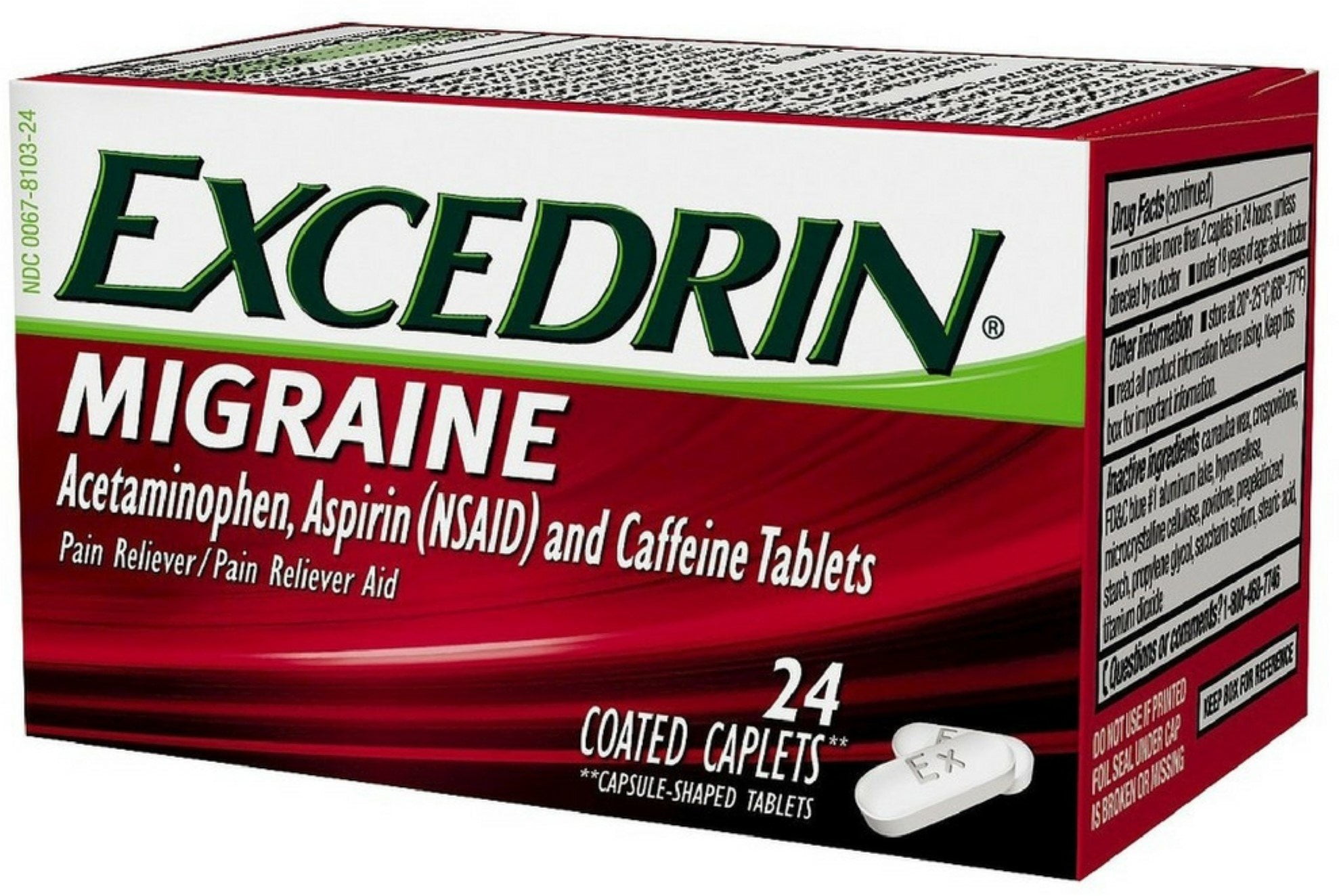 Excedrin Migraine Pain Relief 6 Pack 24 Count Caplets Each.
