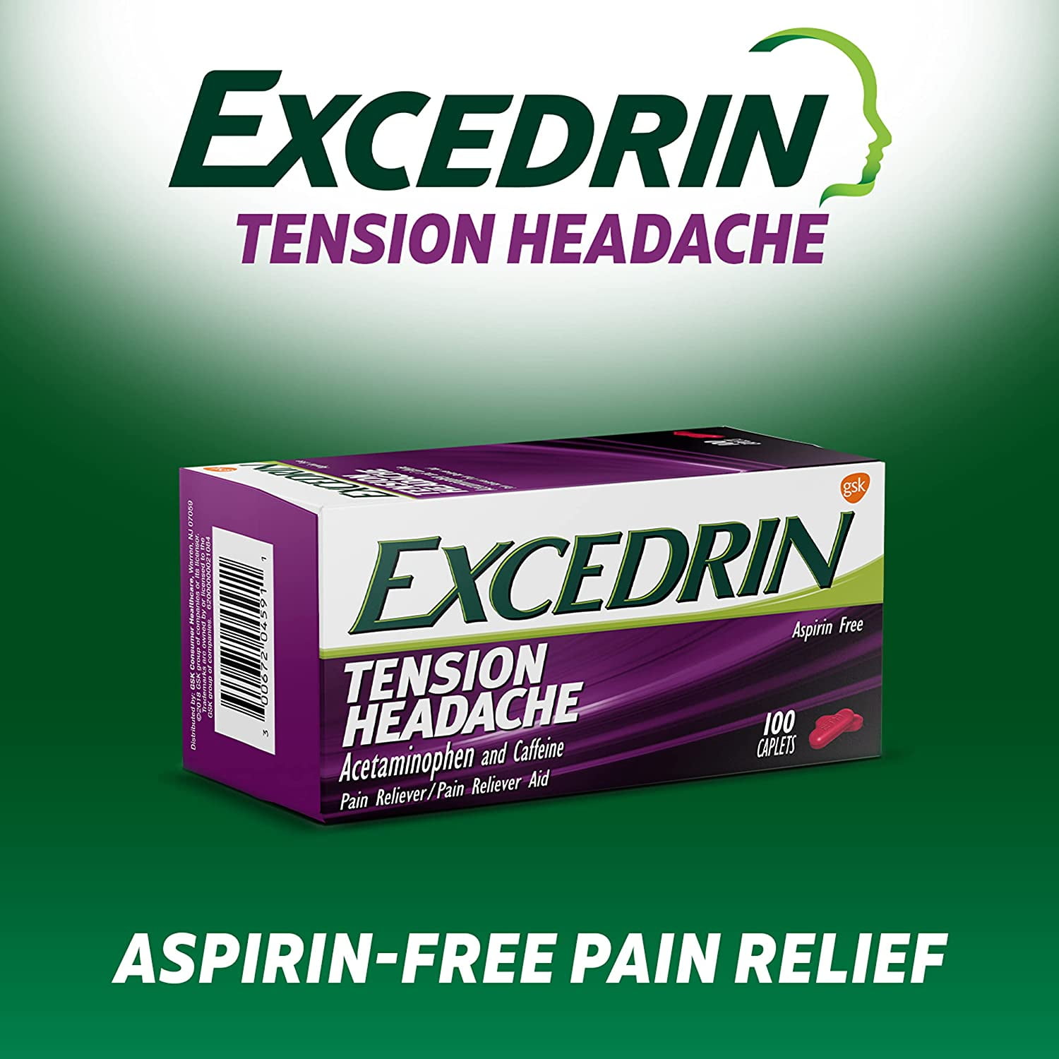Excedrin Non-Aspirin Tension Headache Caplets for Head Neck Shoulder Pain Relief 100 count