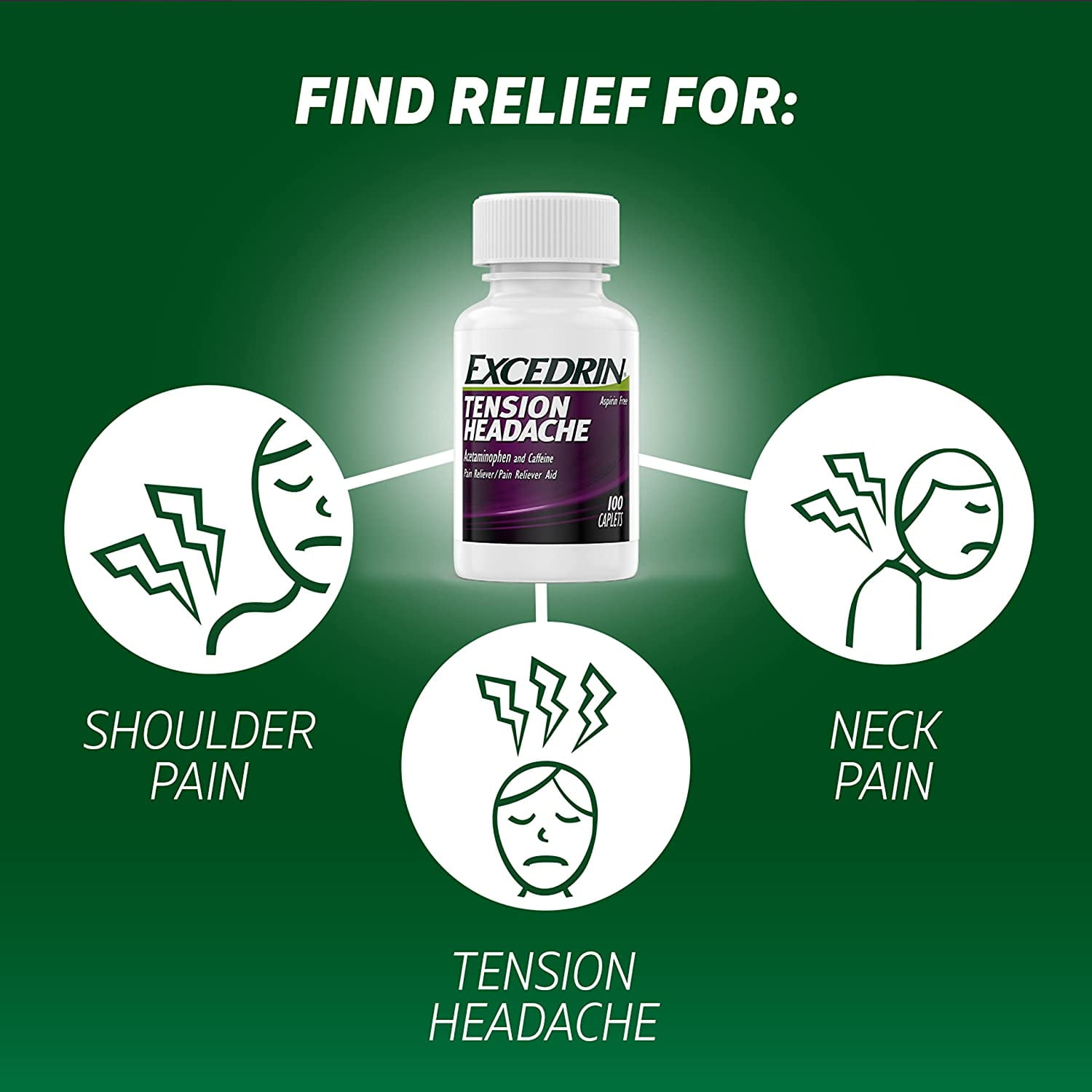 Excedrin Non-Aspirin Tension Headache Caplets for Head Neck Shoulder Pain Relief 100 count