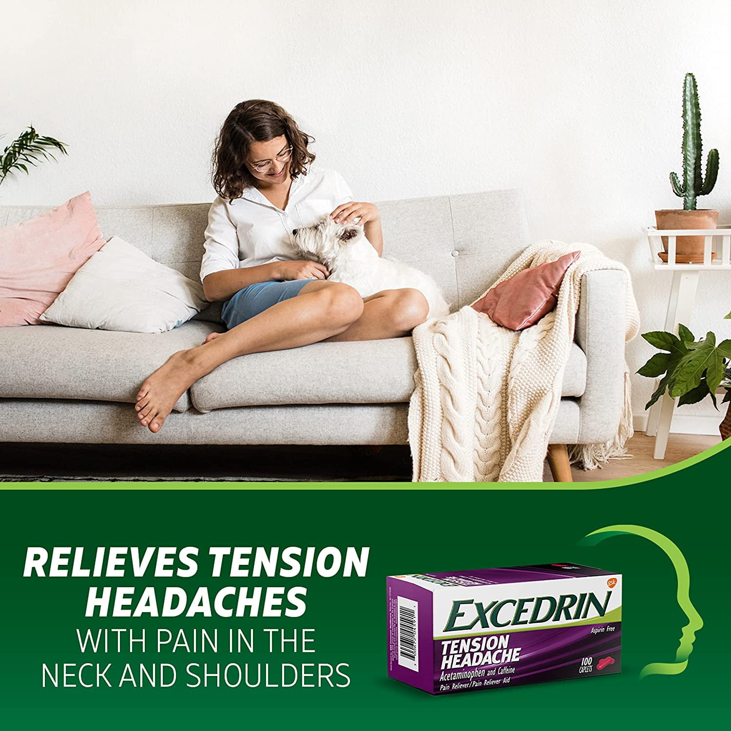Excedrin Non-Aspirin Tension Headache Caplets for Head Neck Shoulder Pain Relief 100 count
