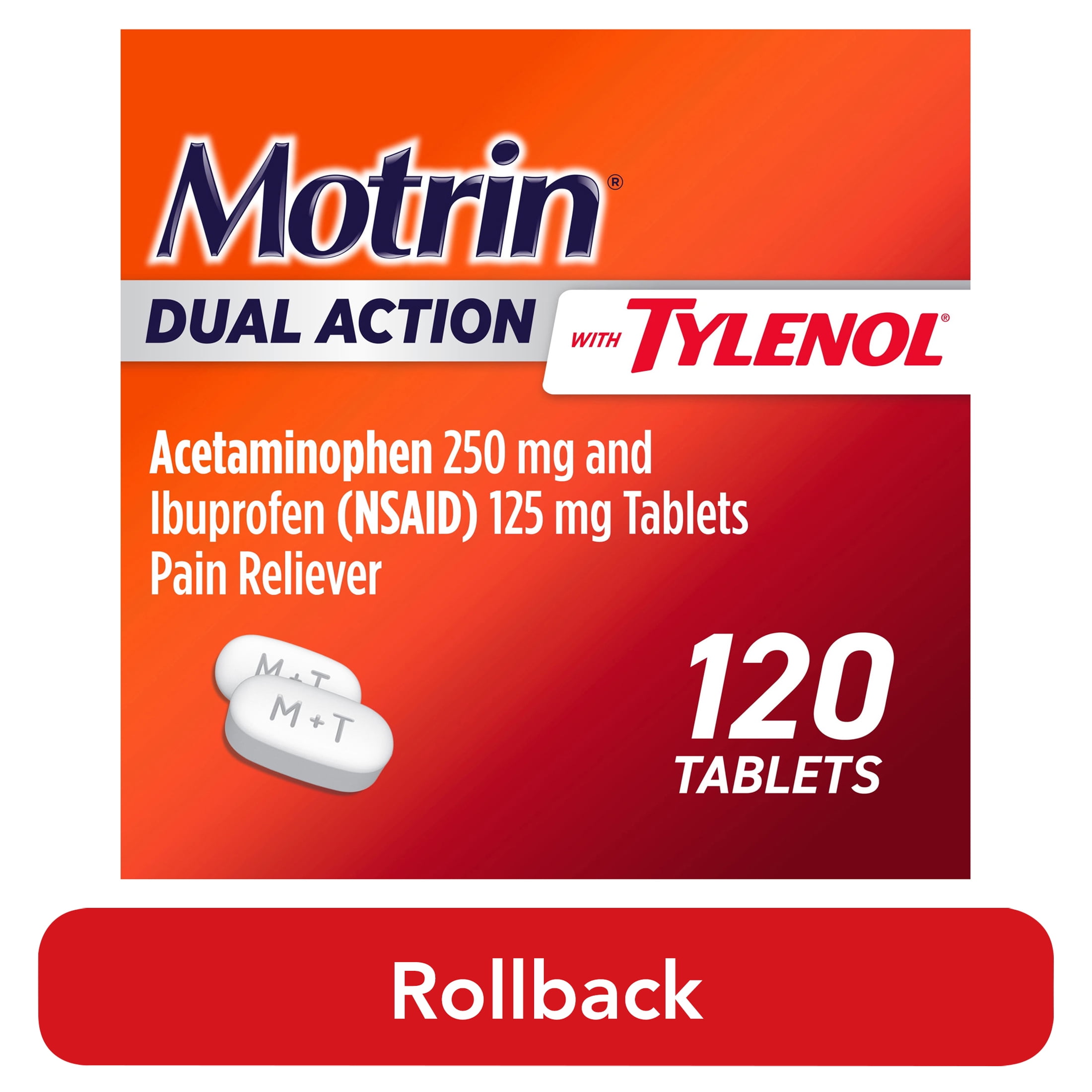 Motrin Dual Action Tylenol Ibuprofen Acetaminophen 120 Ct for Pain Relief