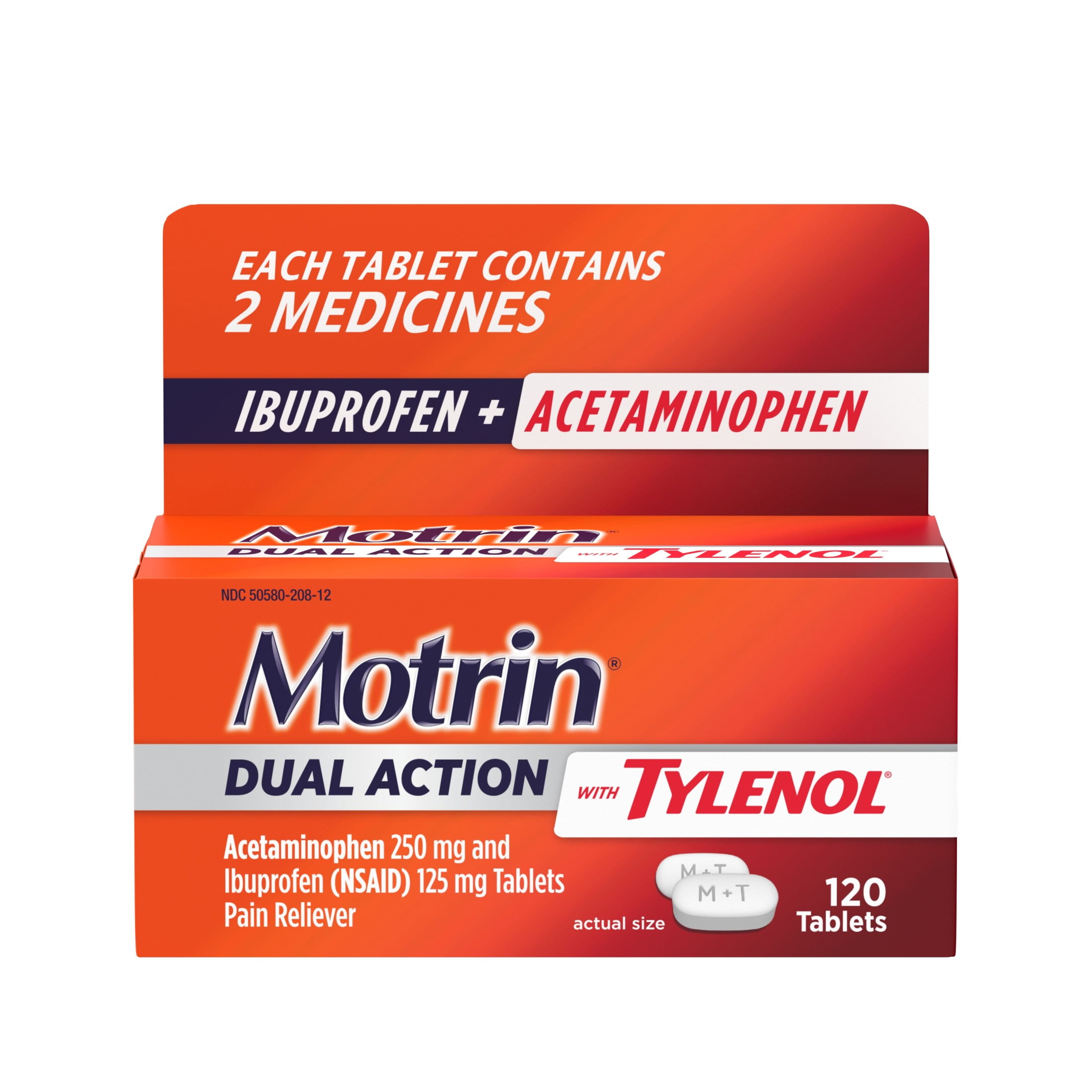 Motrin Dual Action Tylenol Ibuprofen Acetaminophen 120 Ct for Pain Relief