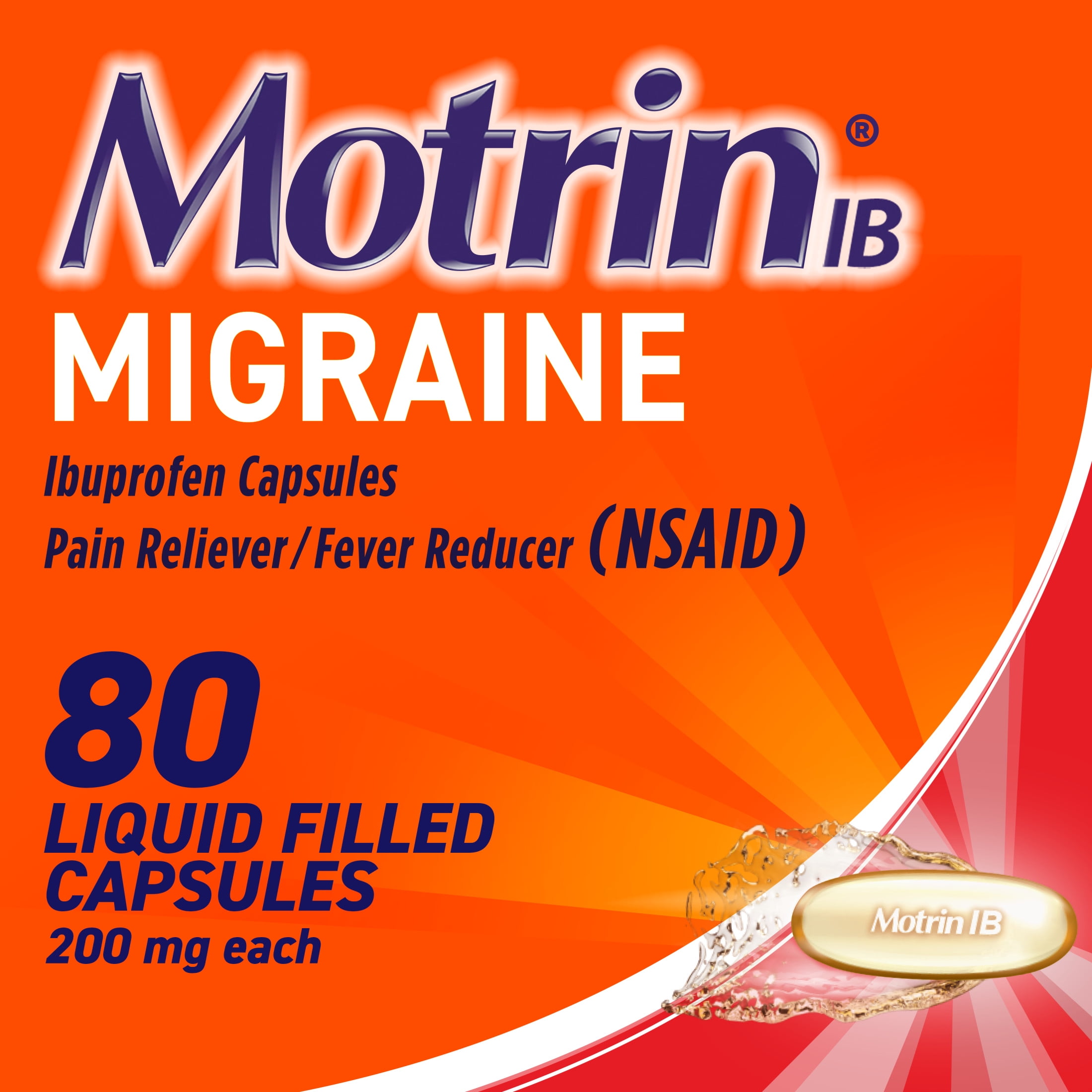 Motrin IB Migraine Relief Liquid Gel Caps Ibuprofen 200 mg 80 Ct