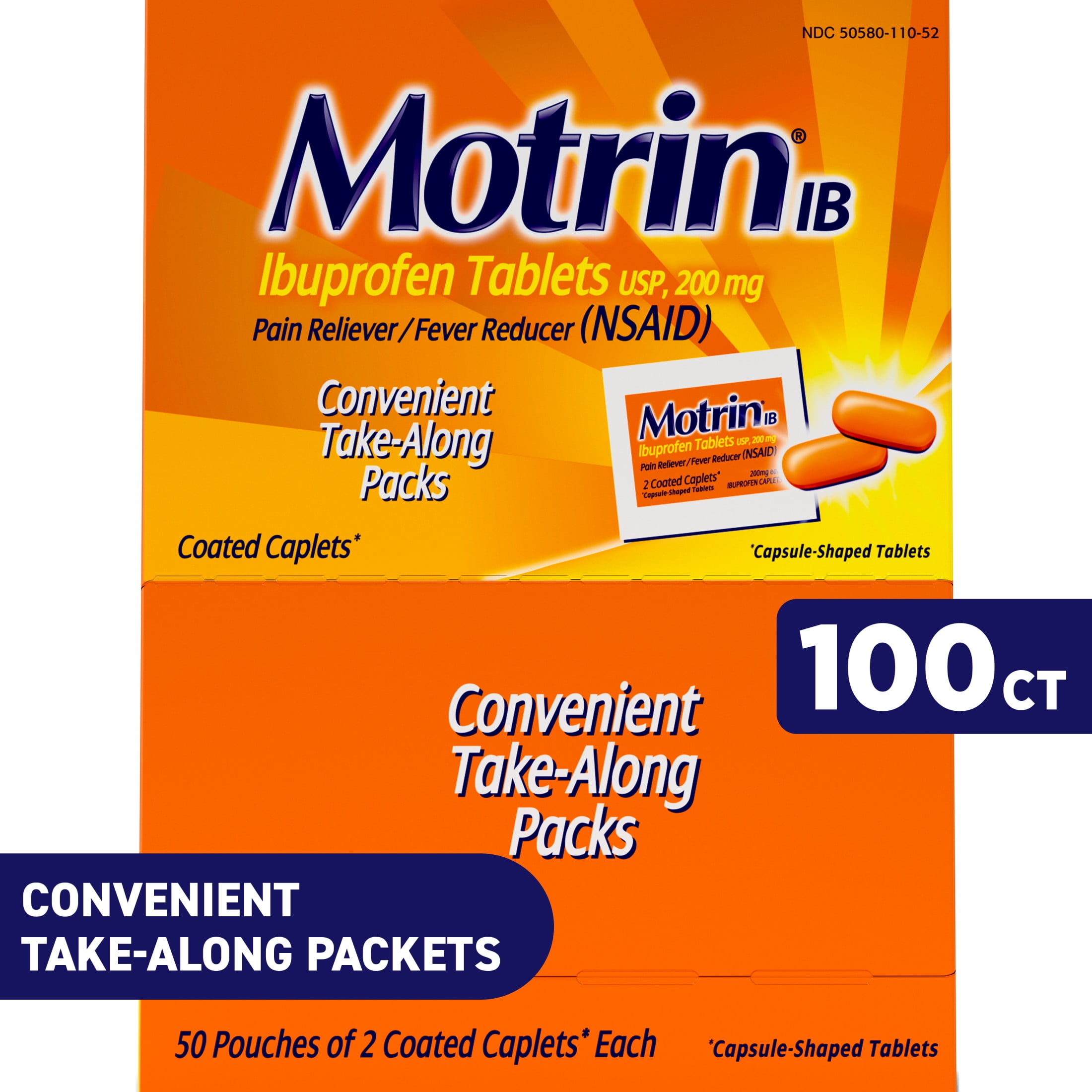 Motrin IB Ibuprofen 200mg Tablets Pain Fever 50 packs 2 Ct