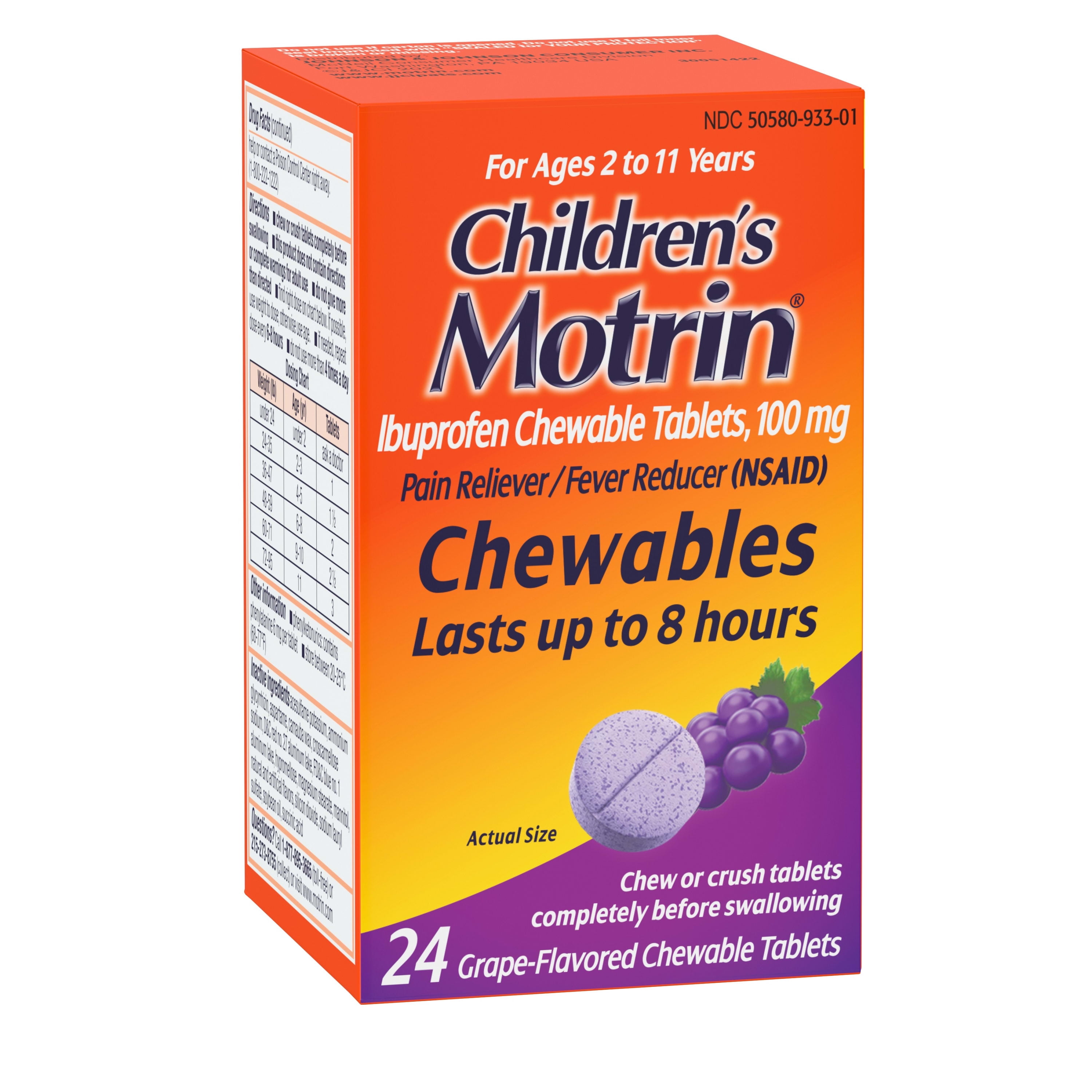 Motrin Ibuprofen Chewable Tablets Grape Flavor 24 Count Childrens