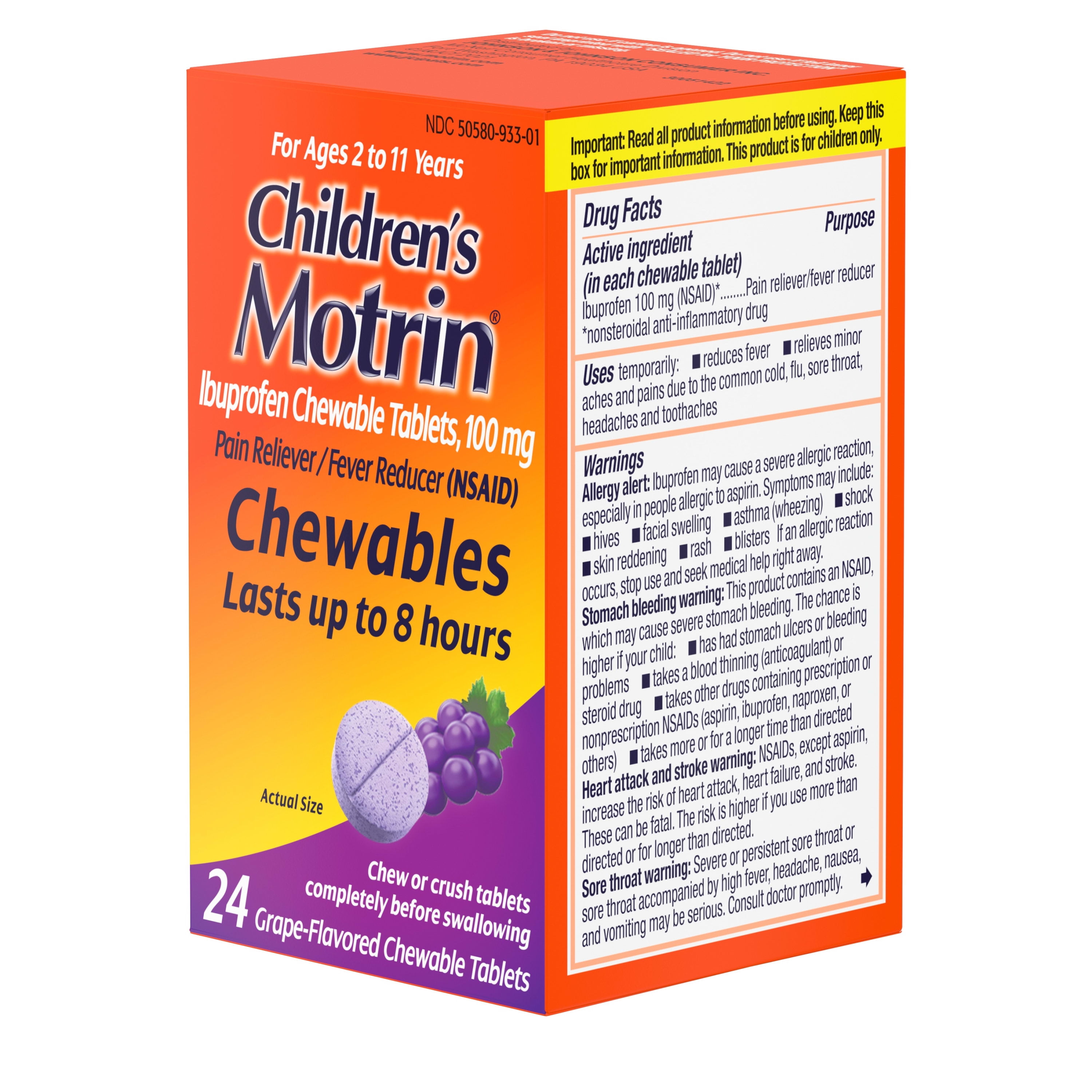 Motrin Ibuprofen Chewable Tablets Grape Flavor 24 Count Childrens