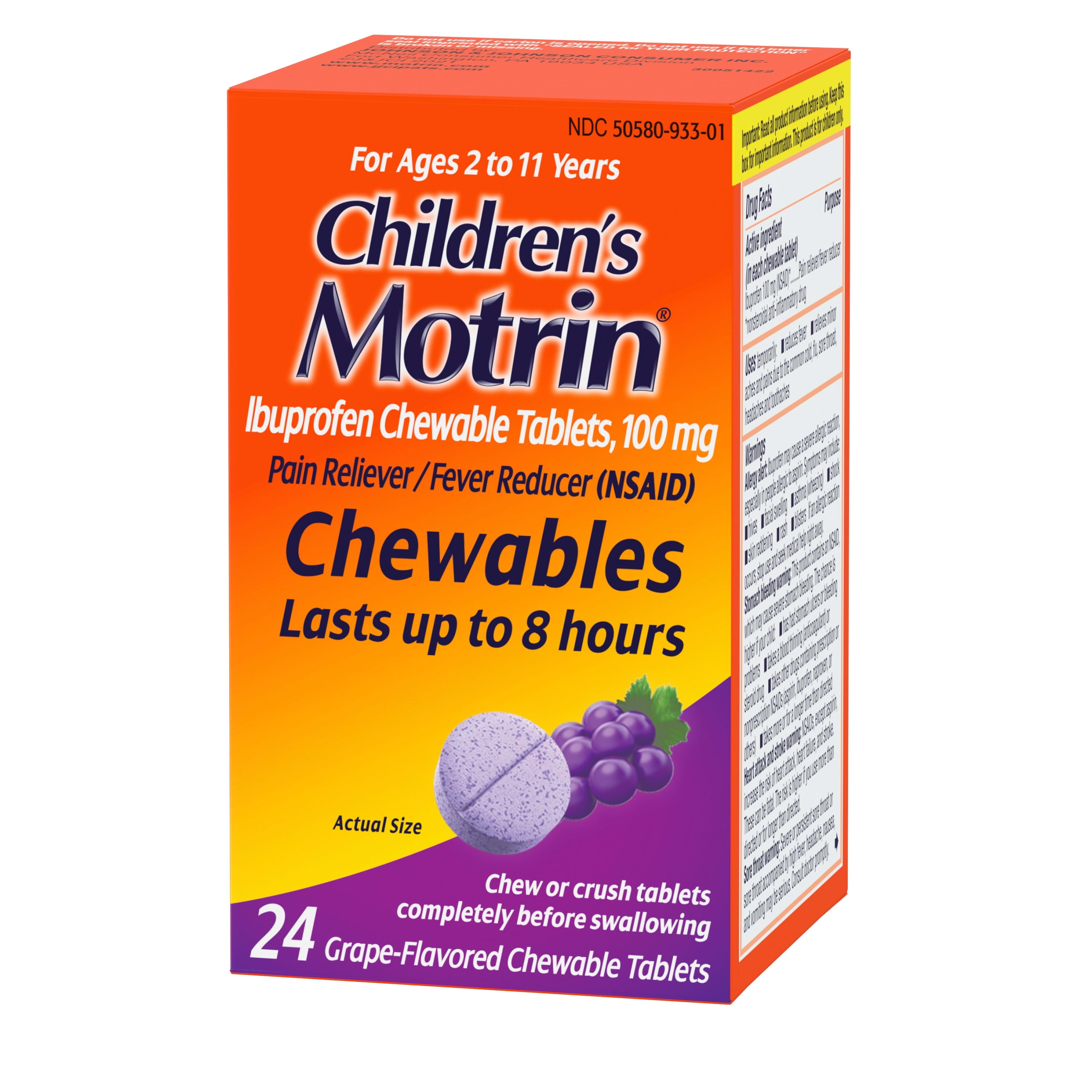 Motrin Ibuprofen Chewable Tablets Grape Flavor 24 Count Childrens