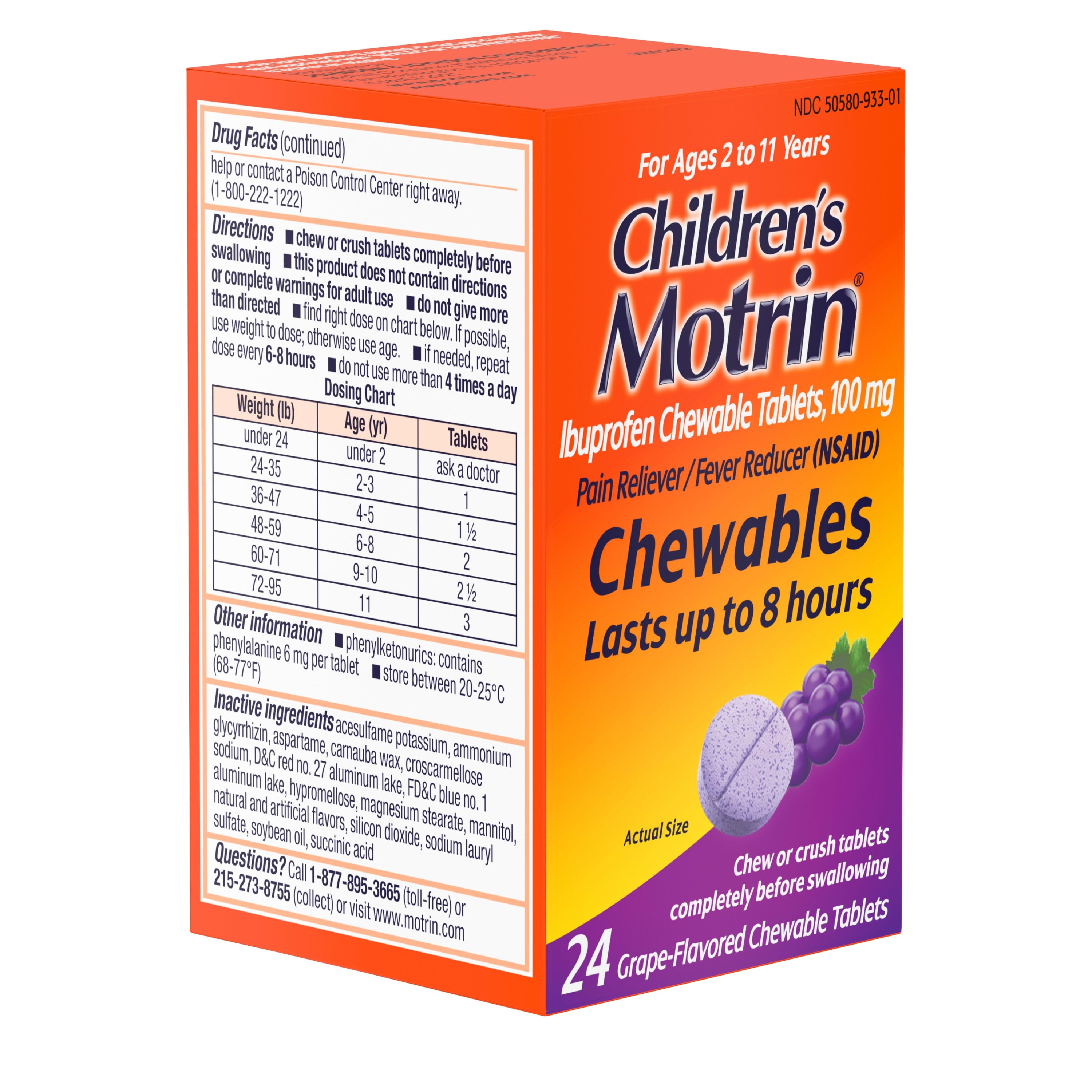 Motrin Ibuprofen Chewable Tablets Grape Flavor 24 Count Childrens