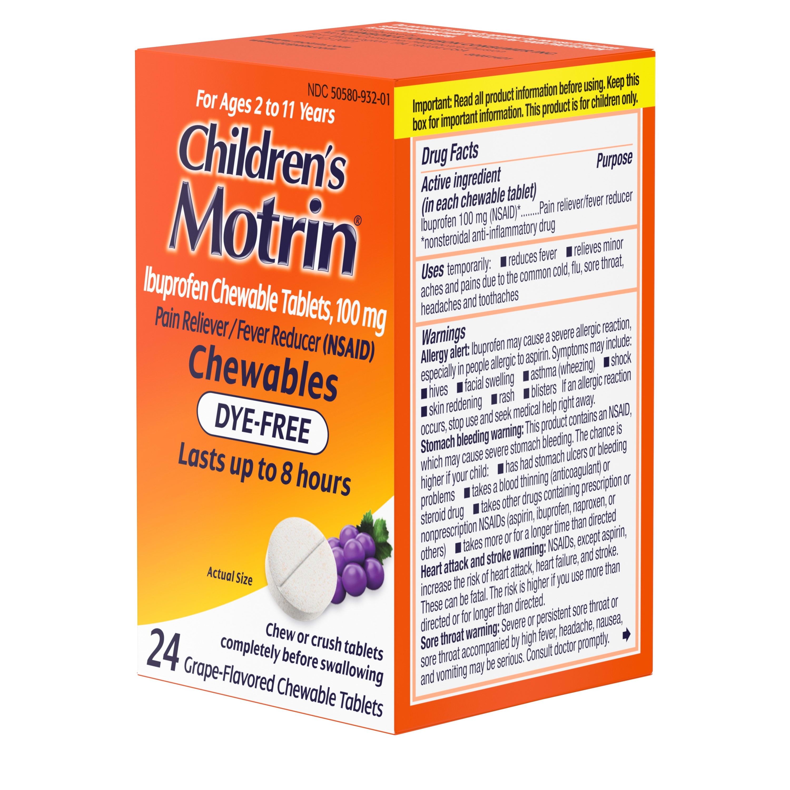 Motrin DyeFree Grape Ibuprofen Chewable Tablets 24 Ct.Childrens