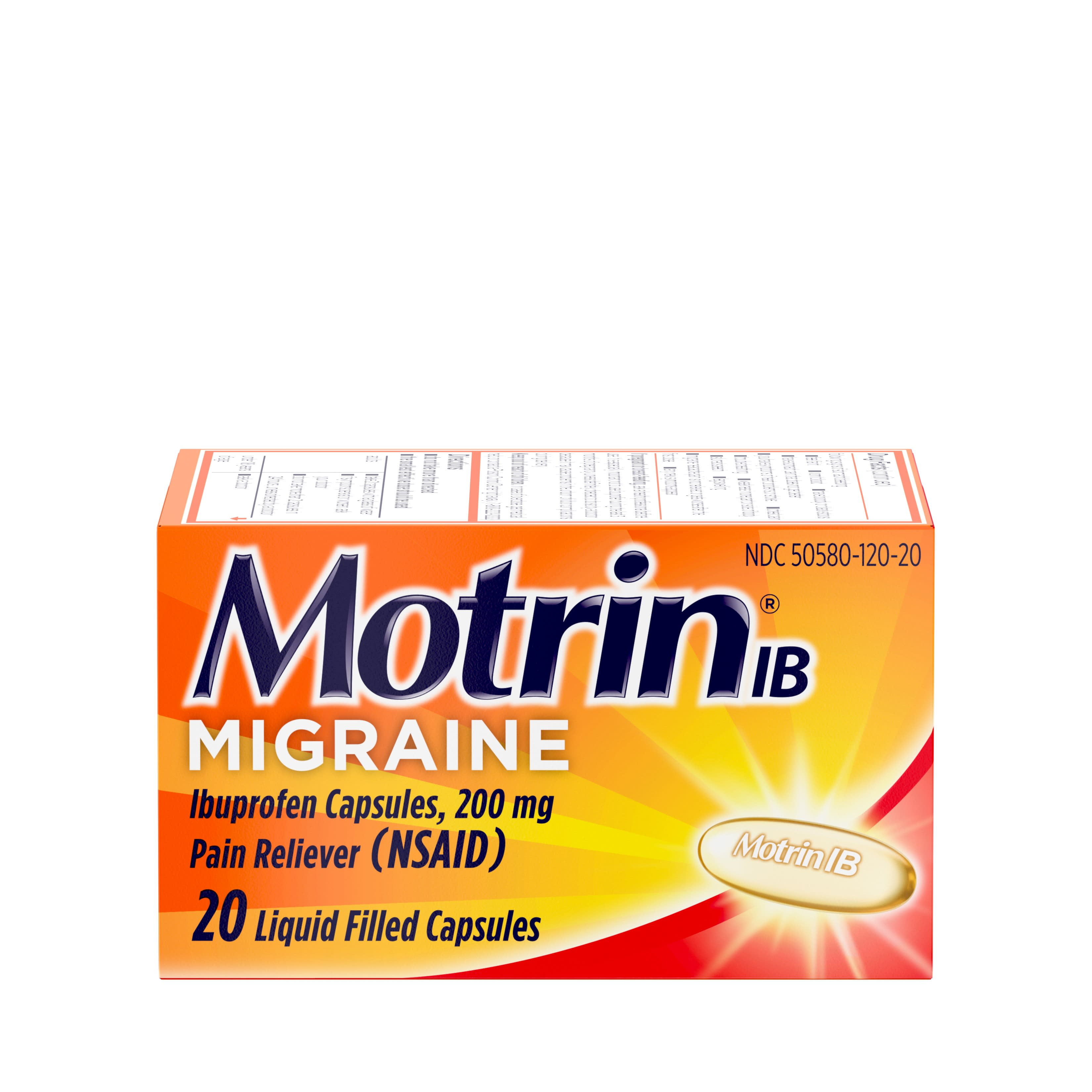 Motrin IB Migraine Relief Liquid Gel Caps Ibuprofen 200mg 20 Ct