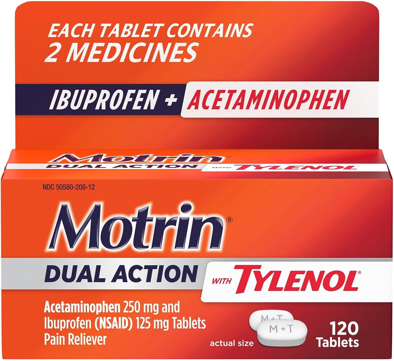 Motrin Dual Action Tylenol Pain Reliever Ibuprofen Acetaminophen Two Medicines Minor Aches Pains NSAID 125 mg