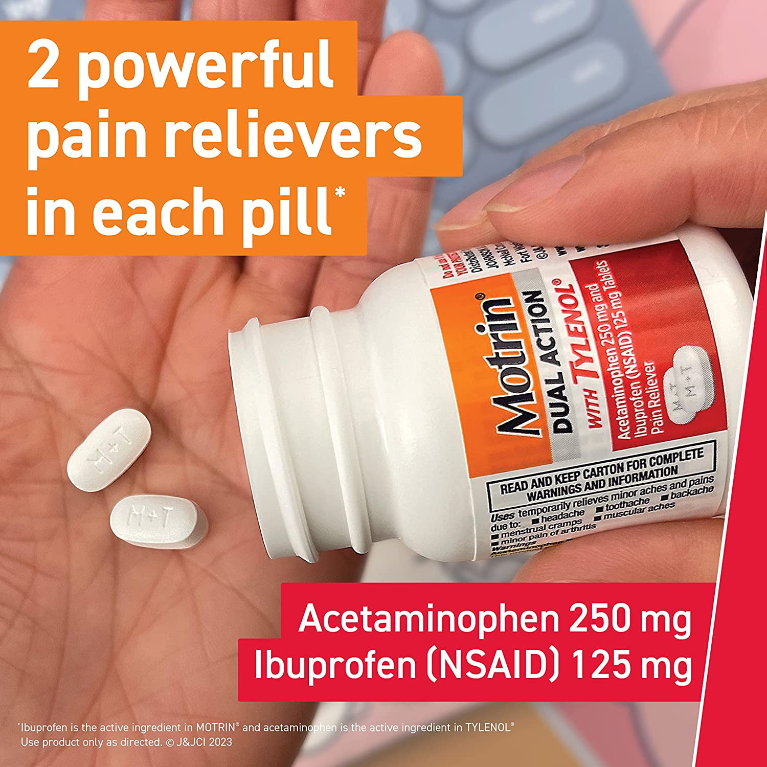 Motrin Dual Action Tylenol Pain Reliever Ibuprofen Acetaminophen Two Medicines Minor Aches Pains NSAID 125 mg