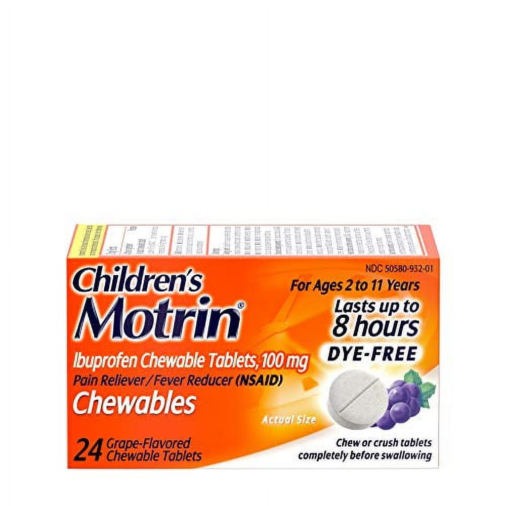 Motrin Childrens DyeFree Ibuprofen Chewable Tablets Pain Fever Grape 24 Count