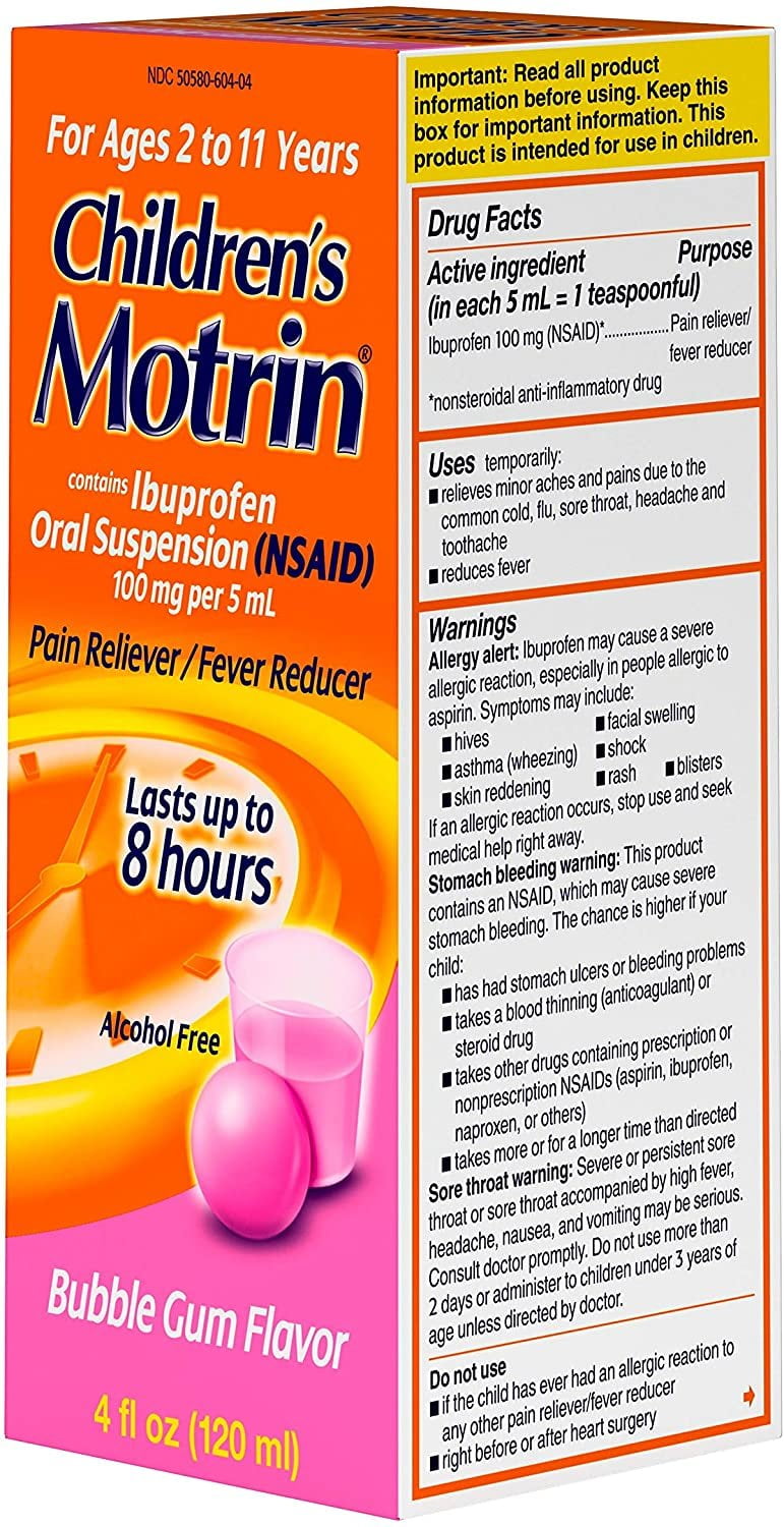 Motrin Childrens Pain Reducer Liquid Bubble Gum Flavor