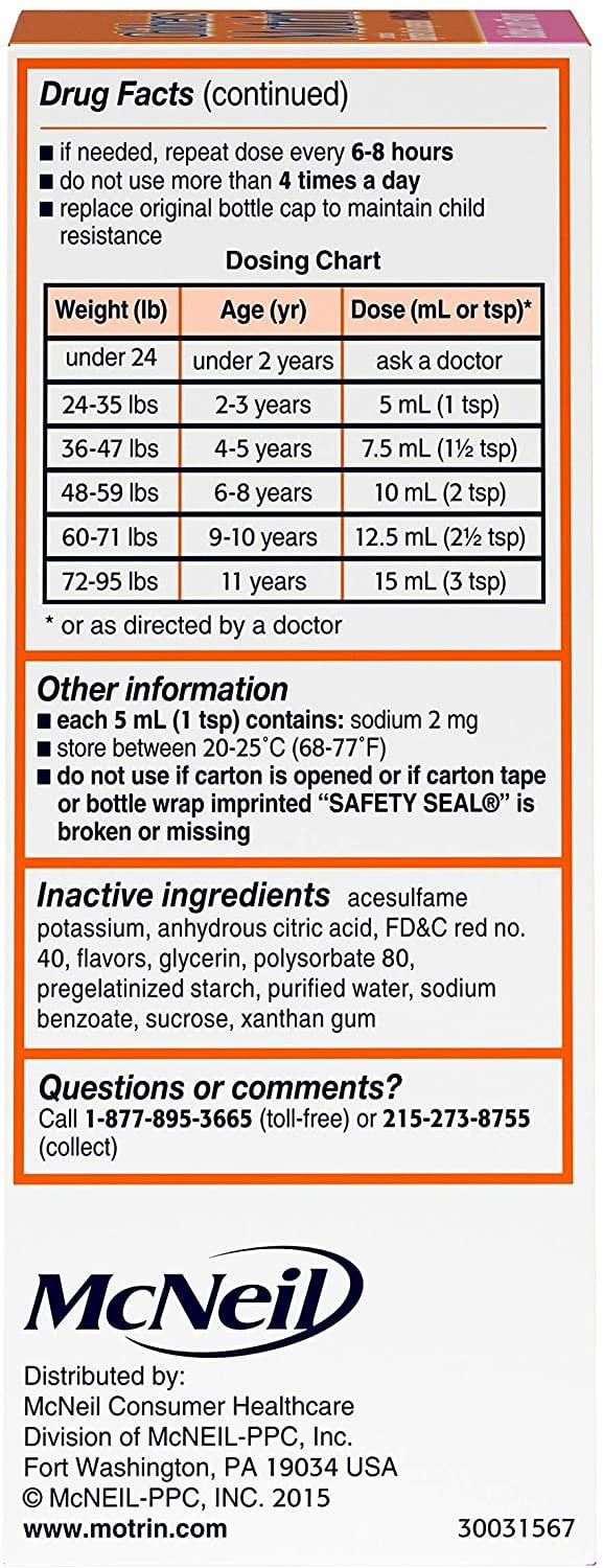 Motrin Childrens Pain Reducer Liquid Bubble Gum Flavor