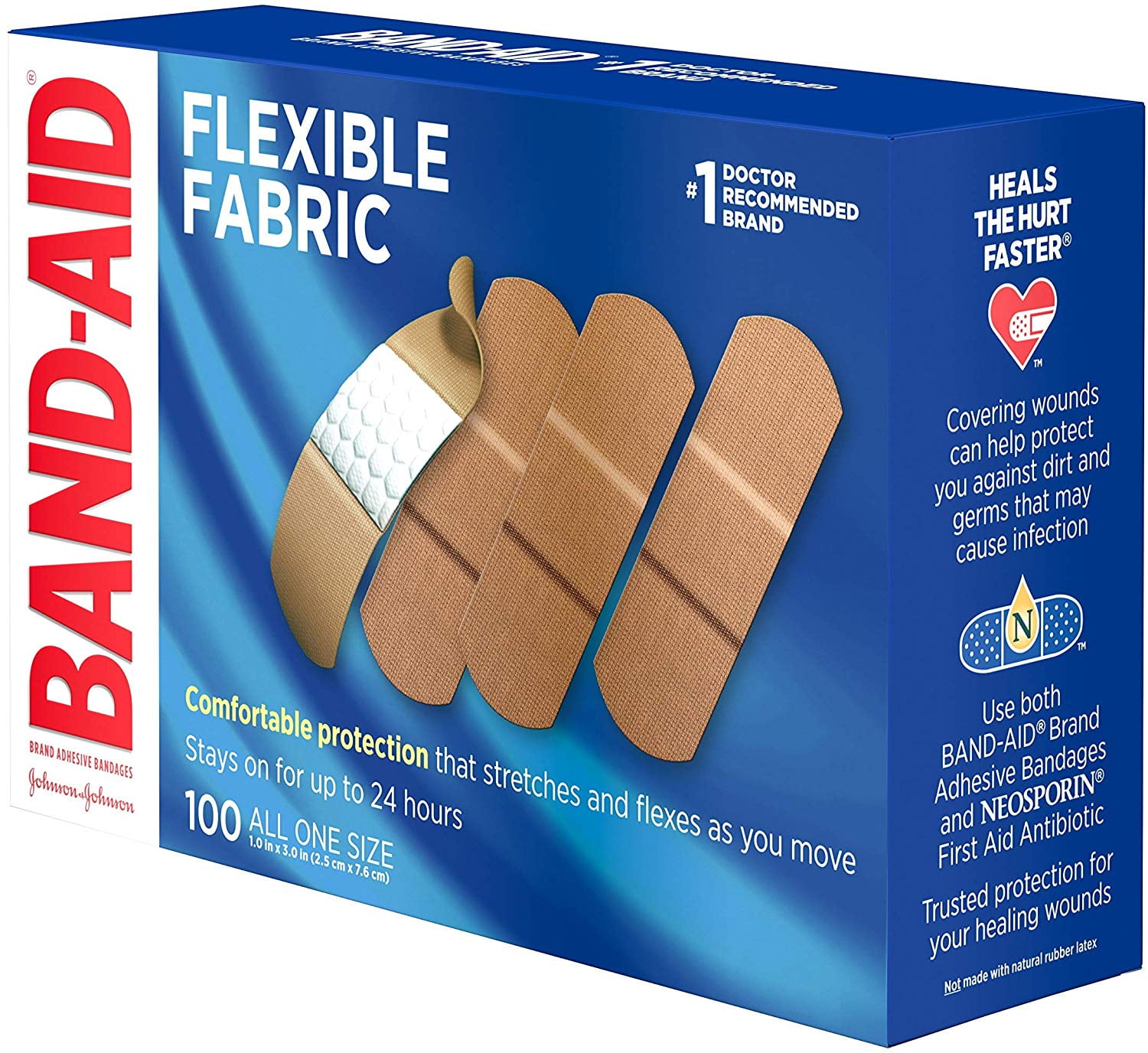 Band Aid J&J Flexible Fabric Adhesive Bandages 1 x 3 100 per Box