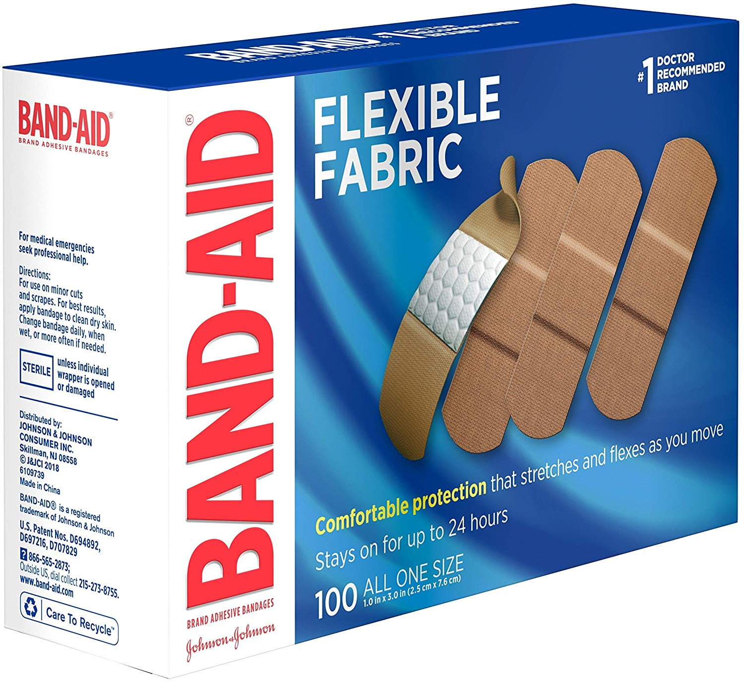 Band Aid J&J Flexible Fabric Adhesive Bandages 1 x 3 100 per Box