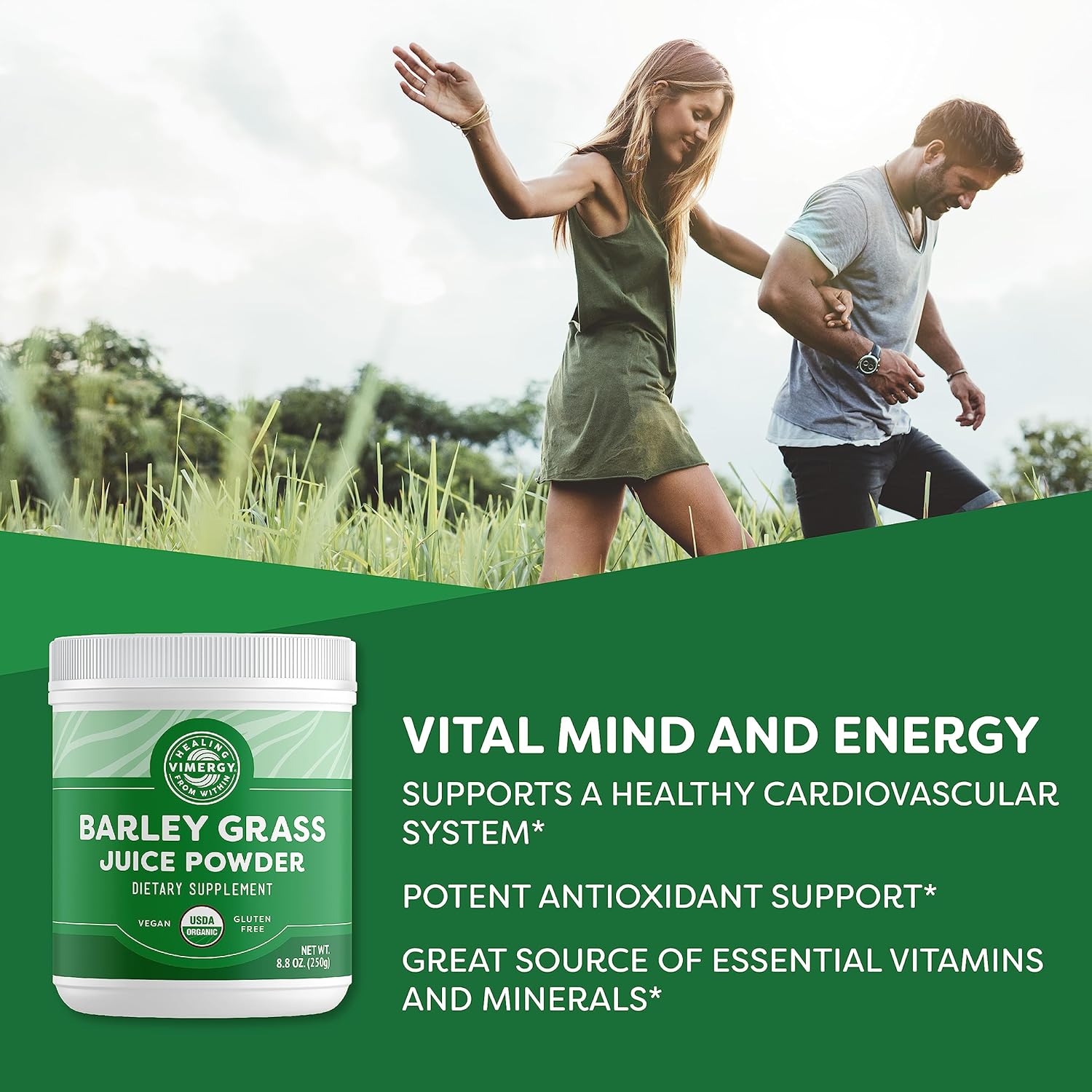 VIMERGY BARLEY GRASS JUICE POWDER CLEAN SUPERFOOD FORMULA FOR CARDIOVASCULAR HEALTH ORGANIC VEGAN GLUTEN-FREE 250G REGULAR SIZE