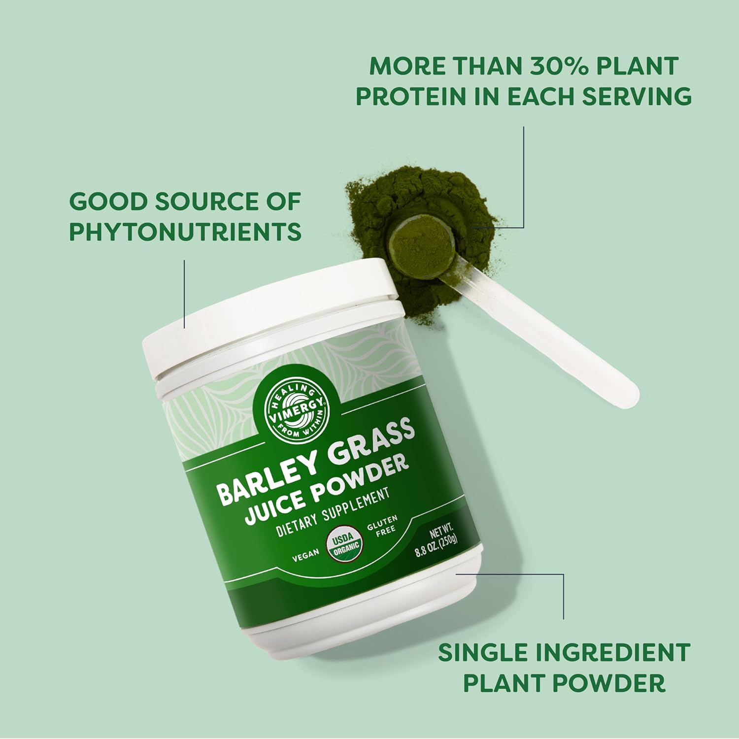 VIMERGY BARLEY GRASS JUICE POWDER CLEAN SUPERFOOD FORMULA FOR CARDIOVASCULAR HEALTH ORGANIC VEGAN GLUTEN-FREE 250G REGULAR SIZE