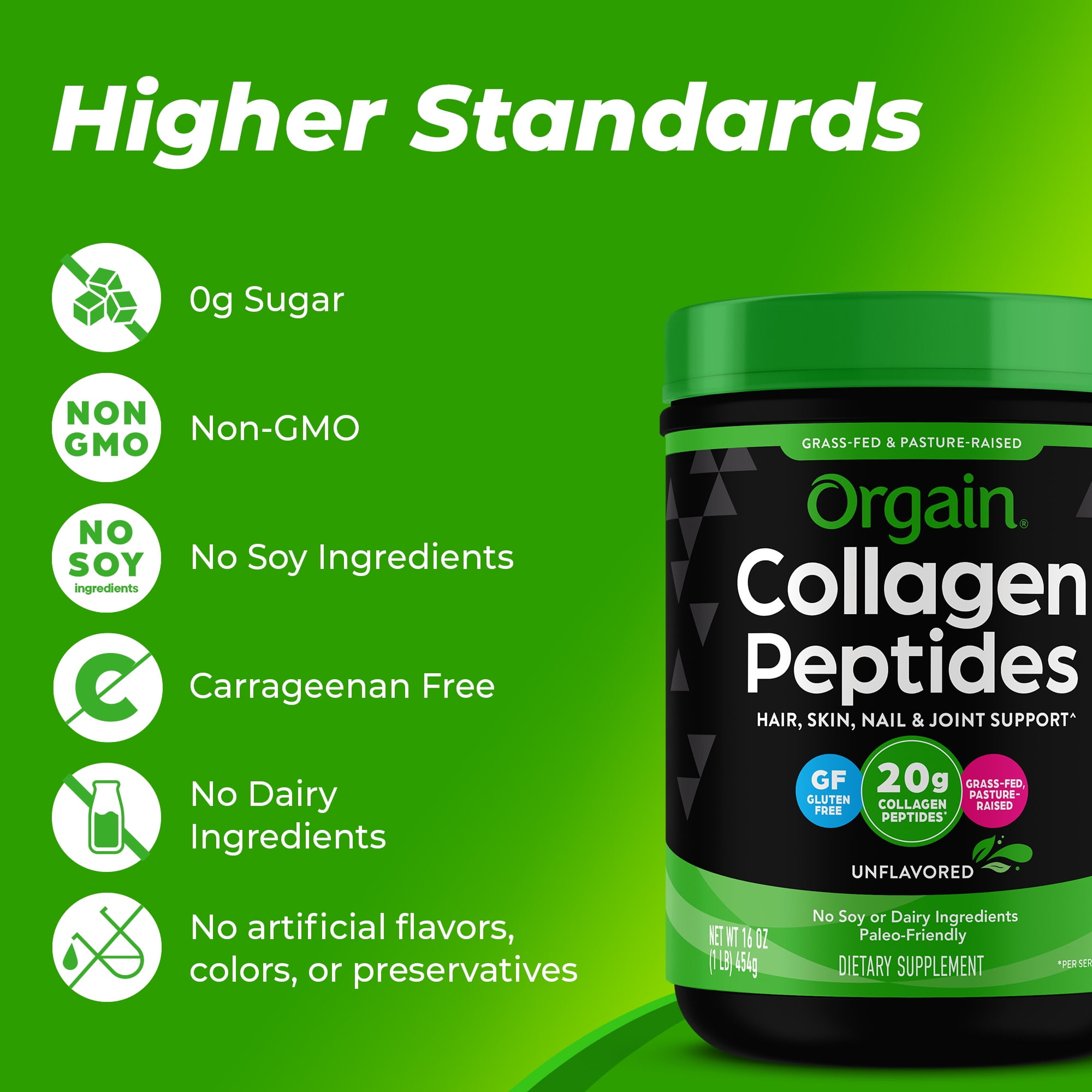 Orgain Grass Fed 20g Collagen Peptides Powder Unflavored 1lb