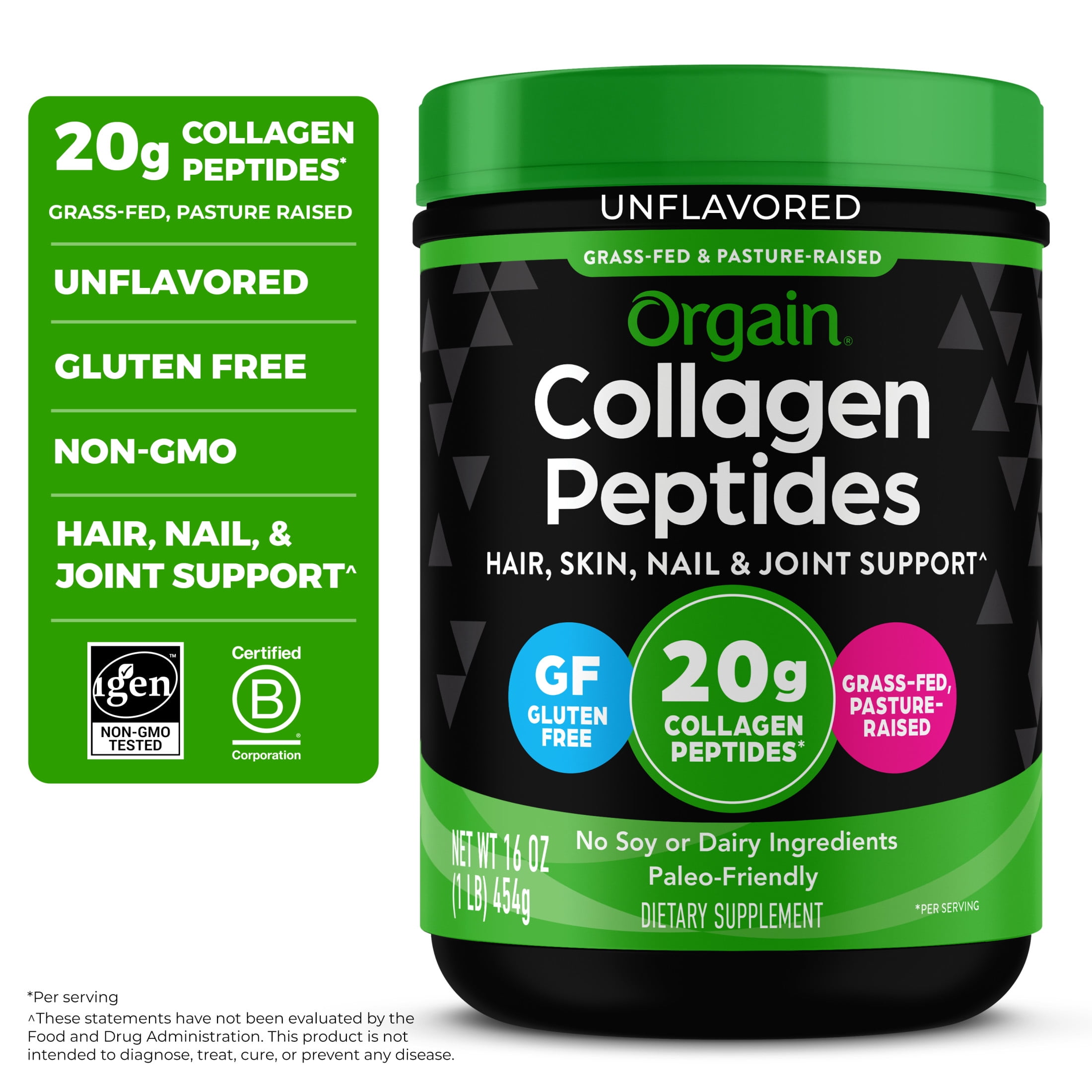 Orgain Hydrolyzed Grass Fed Collagen Peptides Powder 20g Unflavored 1lb
