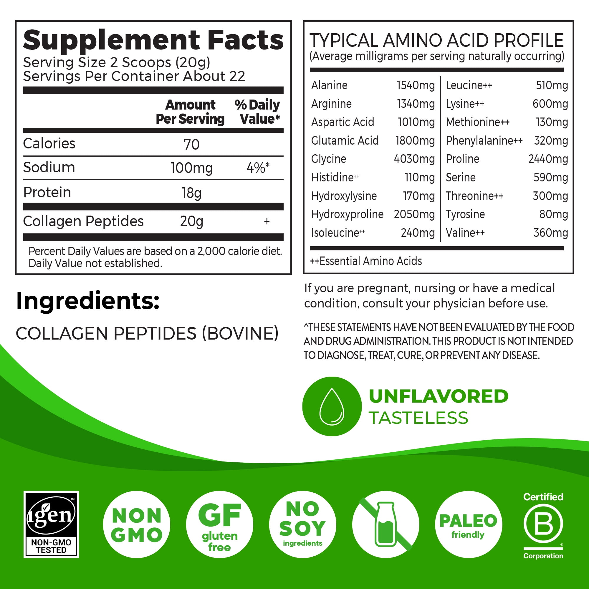 Orgain Hydrolyzed Grass Fed Collagen Peptides Powder 20g Unflavored 1lb