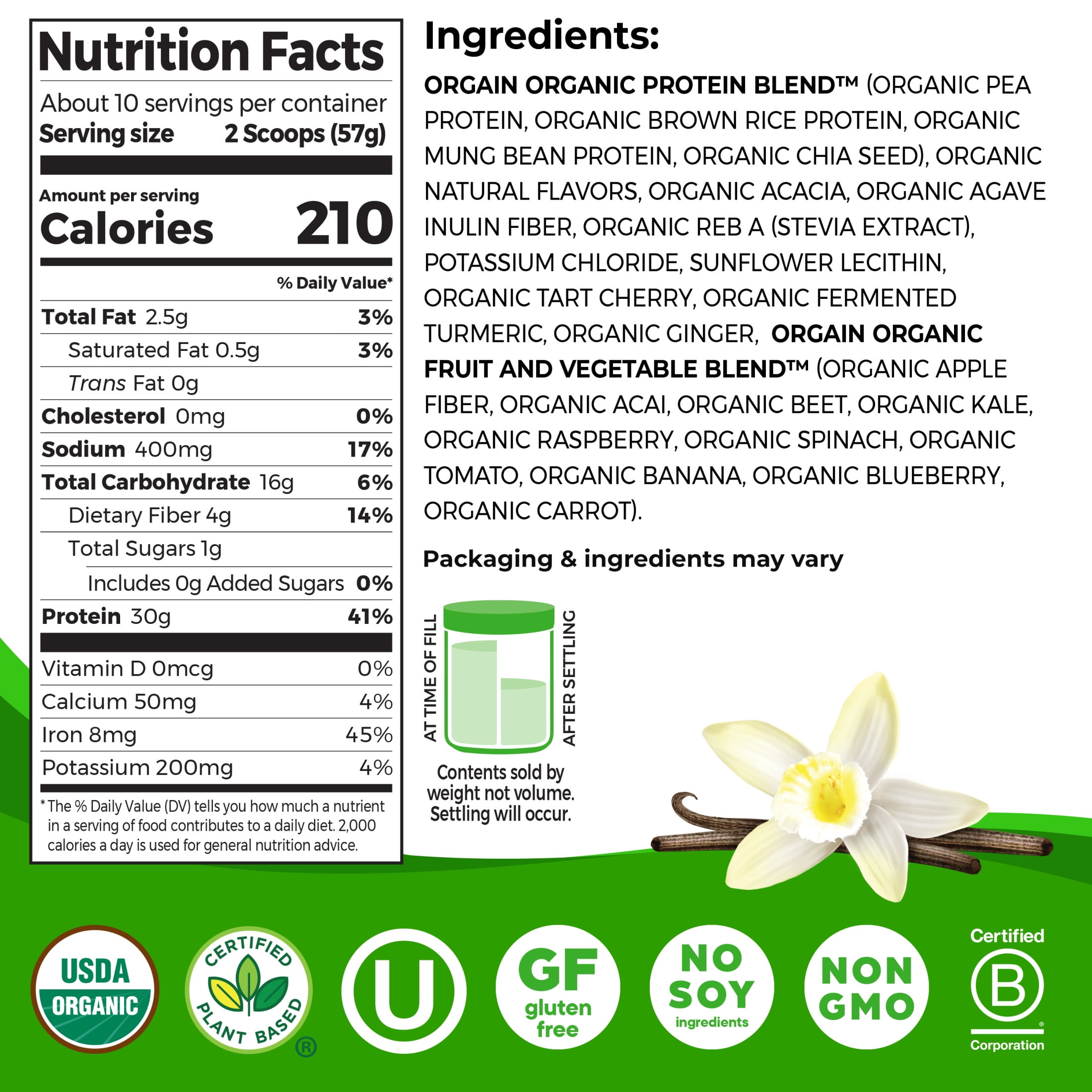 Orgain Organic Vegan 30g High Protein Powder Vanilla 1.26lb Shake Drink with Prebiotic Fiber