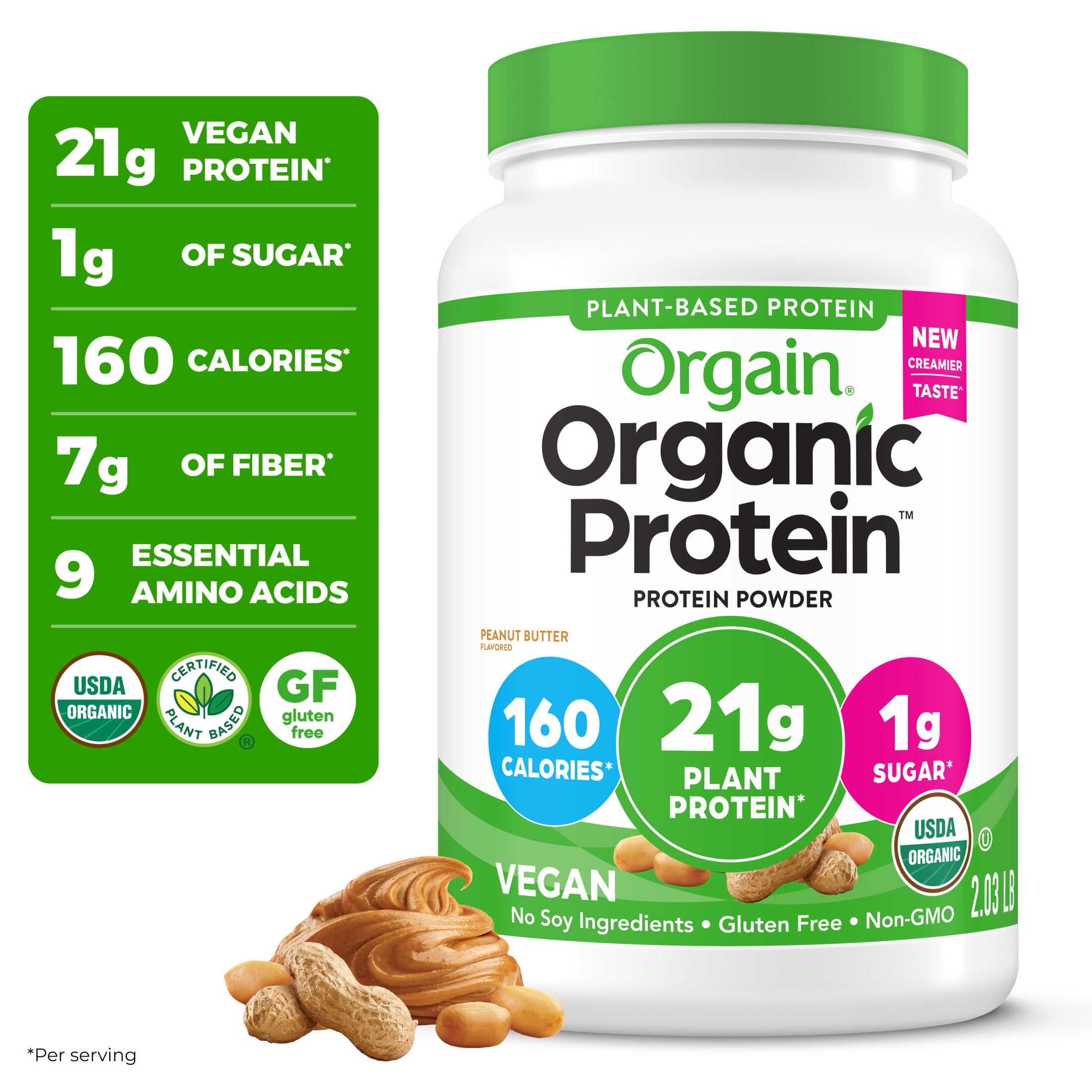 Orgain Organic Vegan 21g Protein Powder Plant Based Shake Drink Peanut Butter 2.03lb