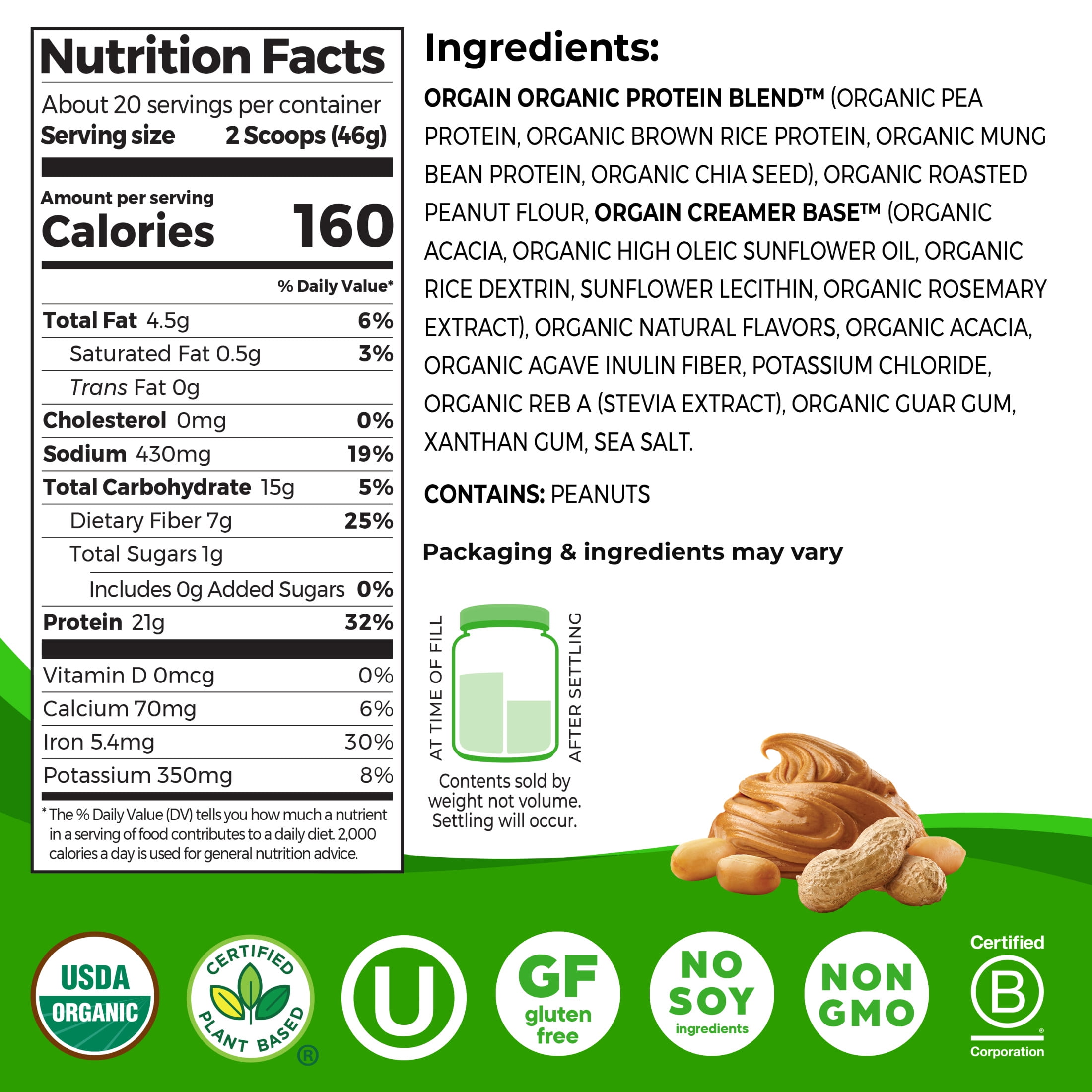 Orgain Organic Vegan 21g Protein Powder Plant Based Shake Drink Peanut Butter 2.03lb