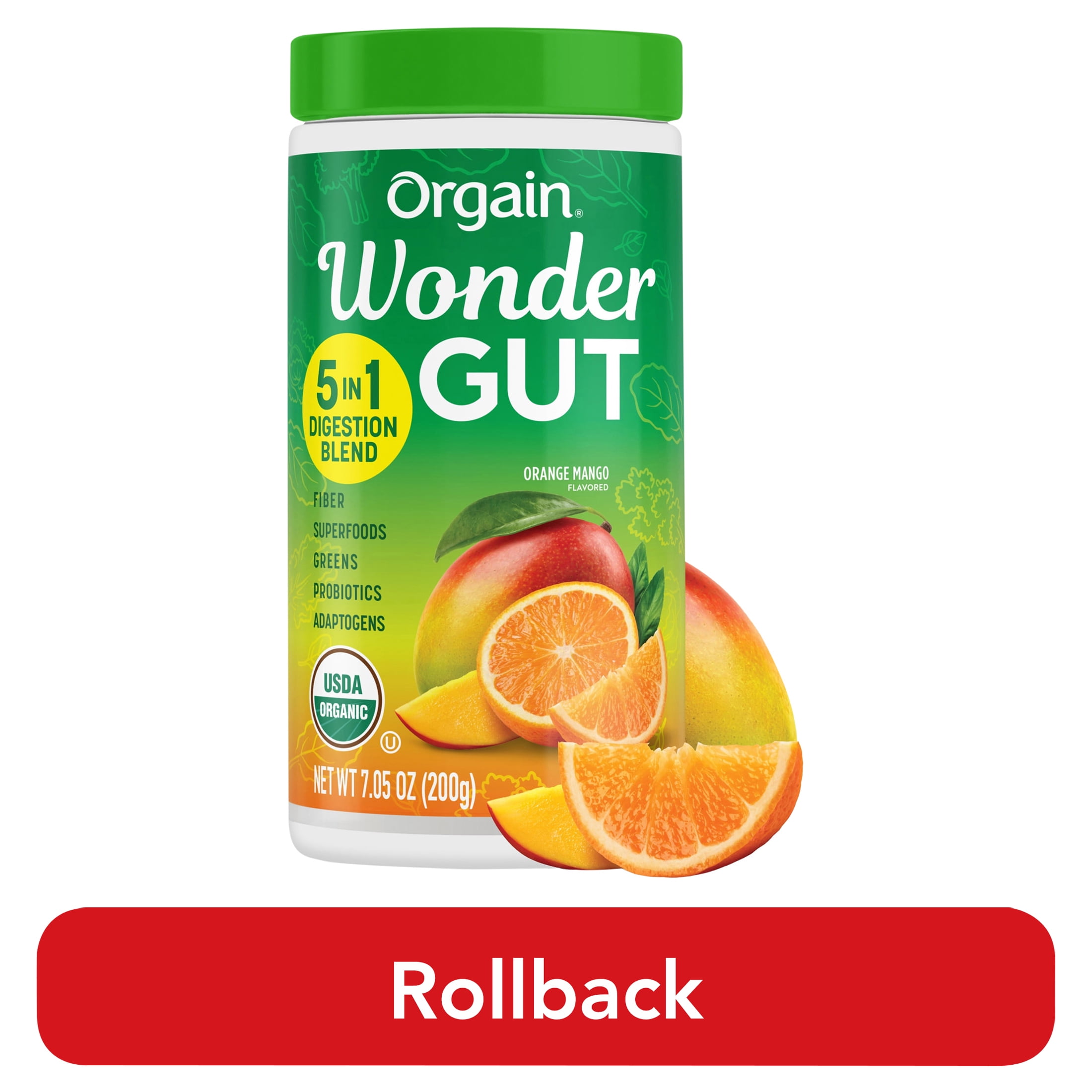 Orgain Vegan Organic Wonder Gut 5-in-1 Fiber Greens Superfoods Powder Orange Mango 0.44lb