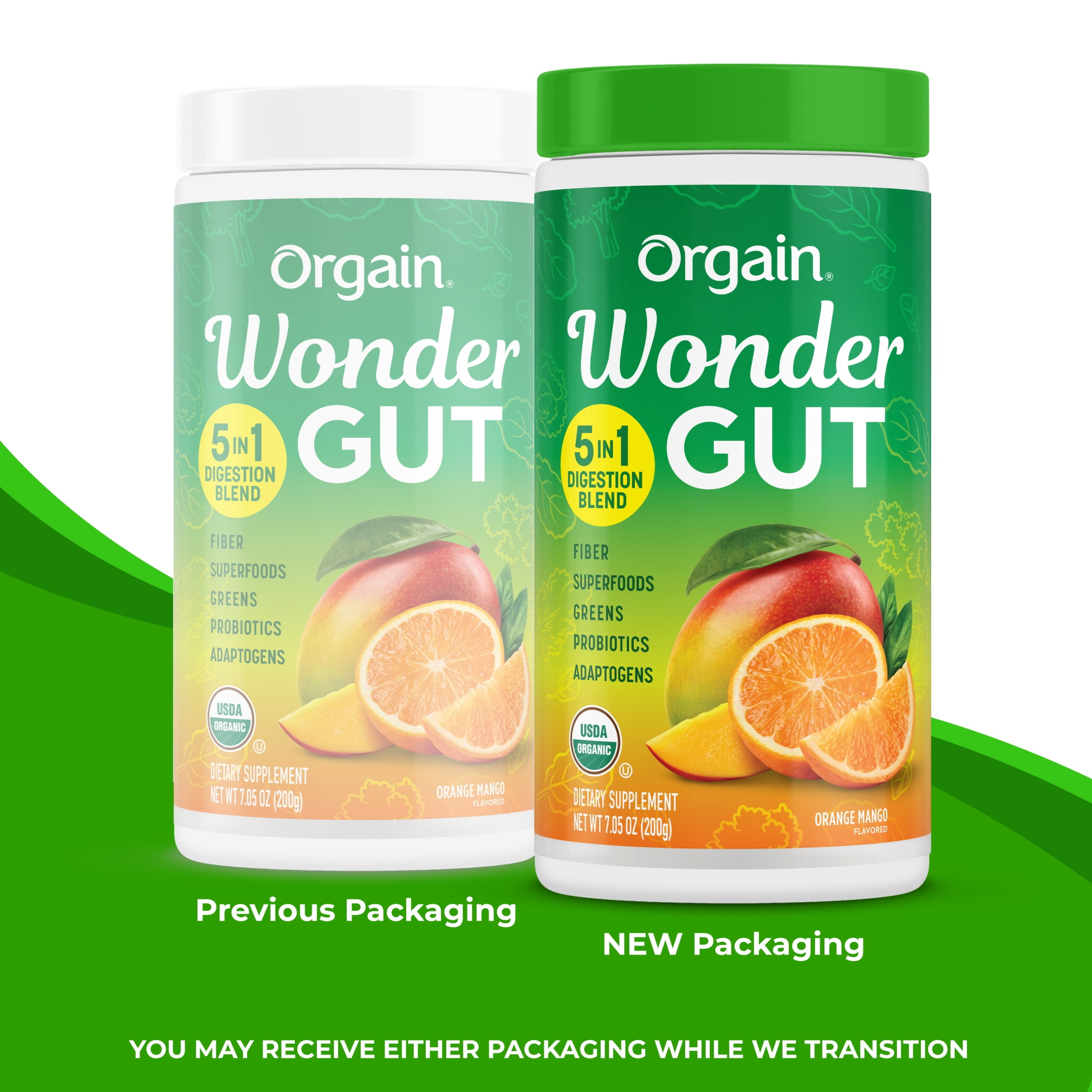Orgain Vegan Organic Wonder Gut 5-in-1 Fiber Greens Superfoods Powder Orange Mango 0.44lb