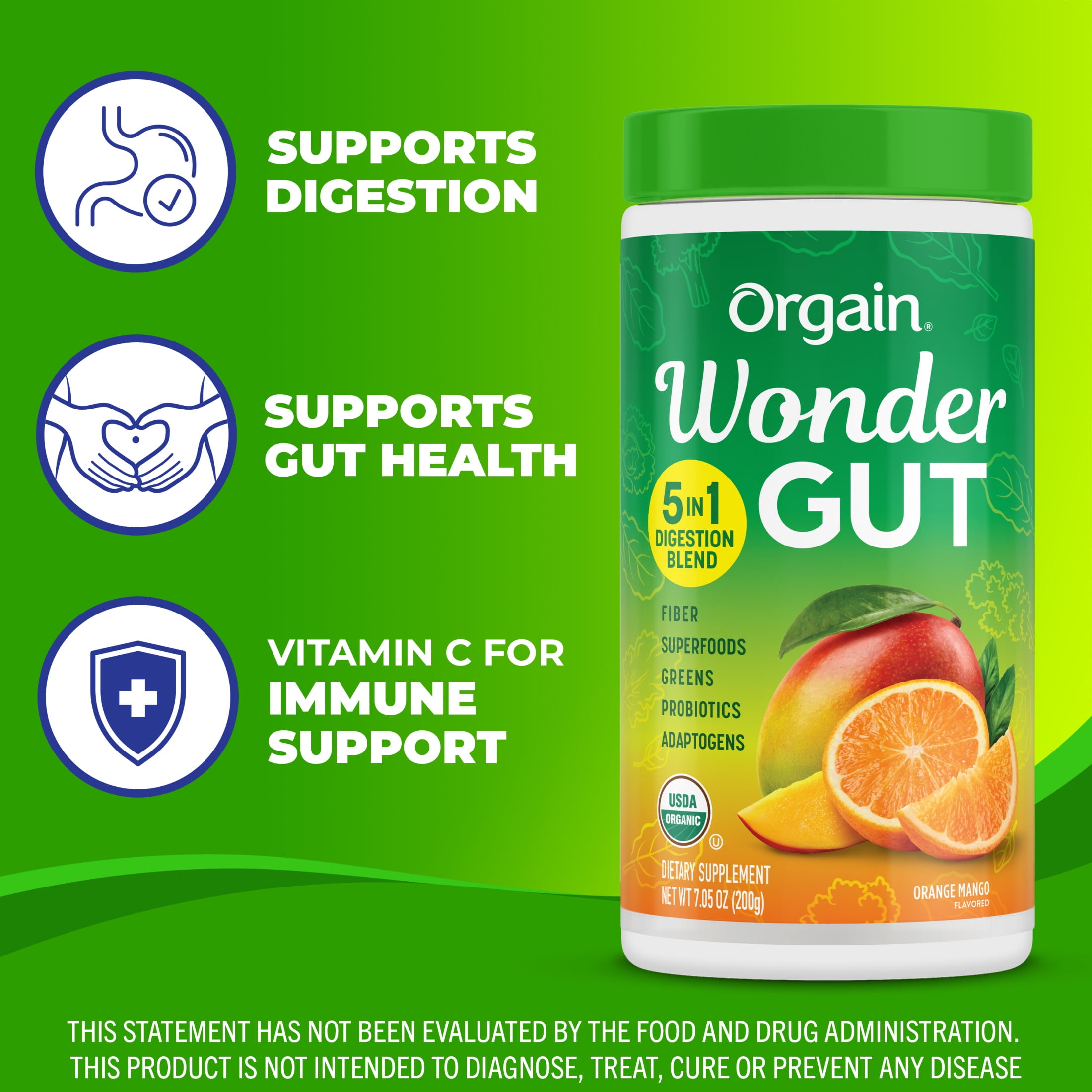 Orgain Vegan Organic Wonder Gut 5-in-1 Fiber Greens Superfoods Powder Orange Mango 0.44lb