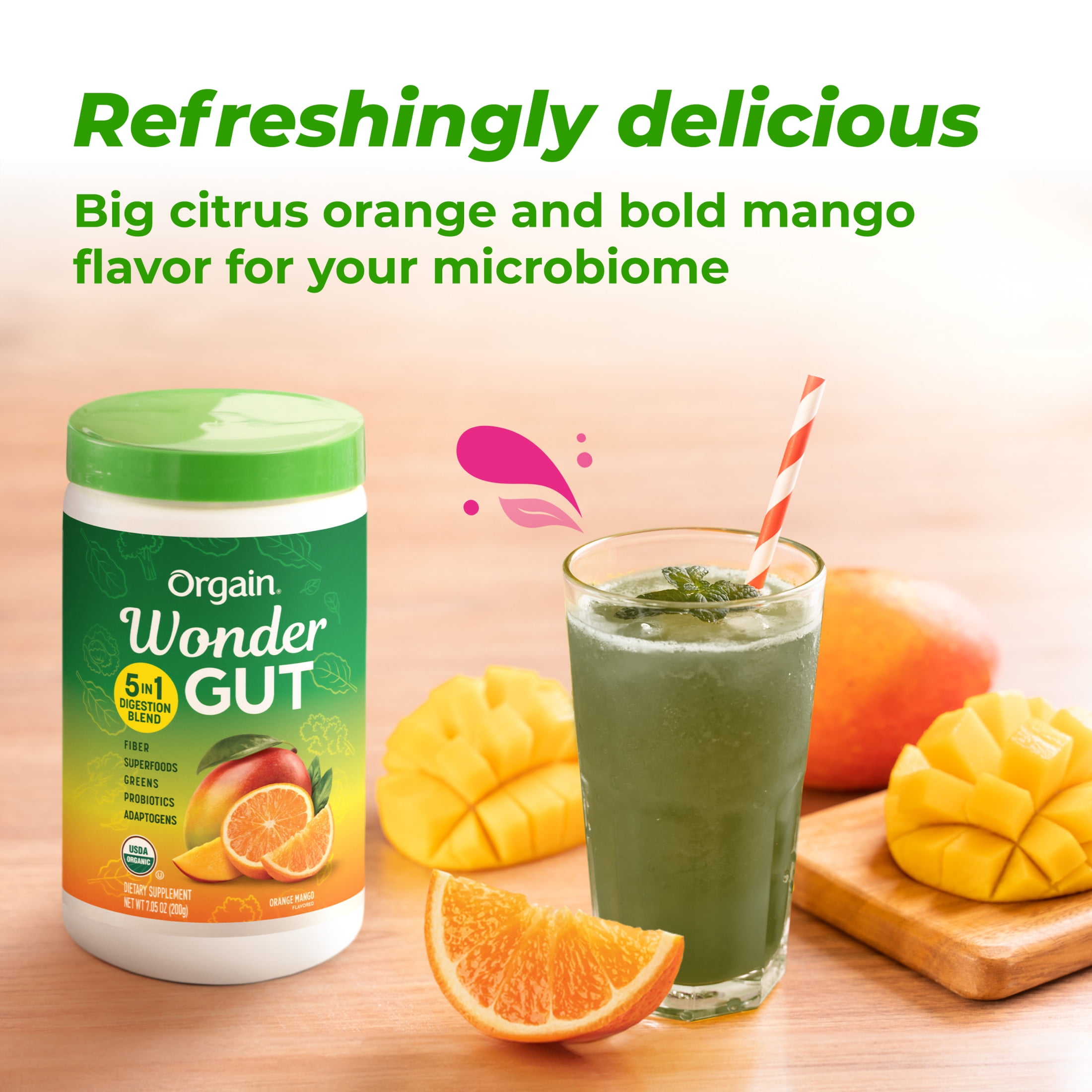Orgain Vegan Organic Wonder Gut 5-in-1 Fiber Greens Superfoods Powder Orange Mango 0.44lb