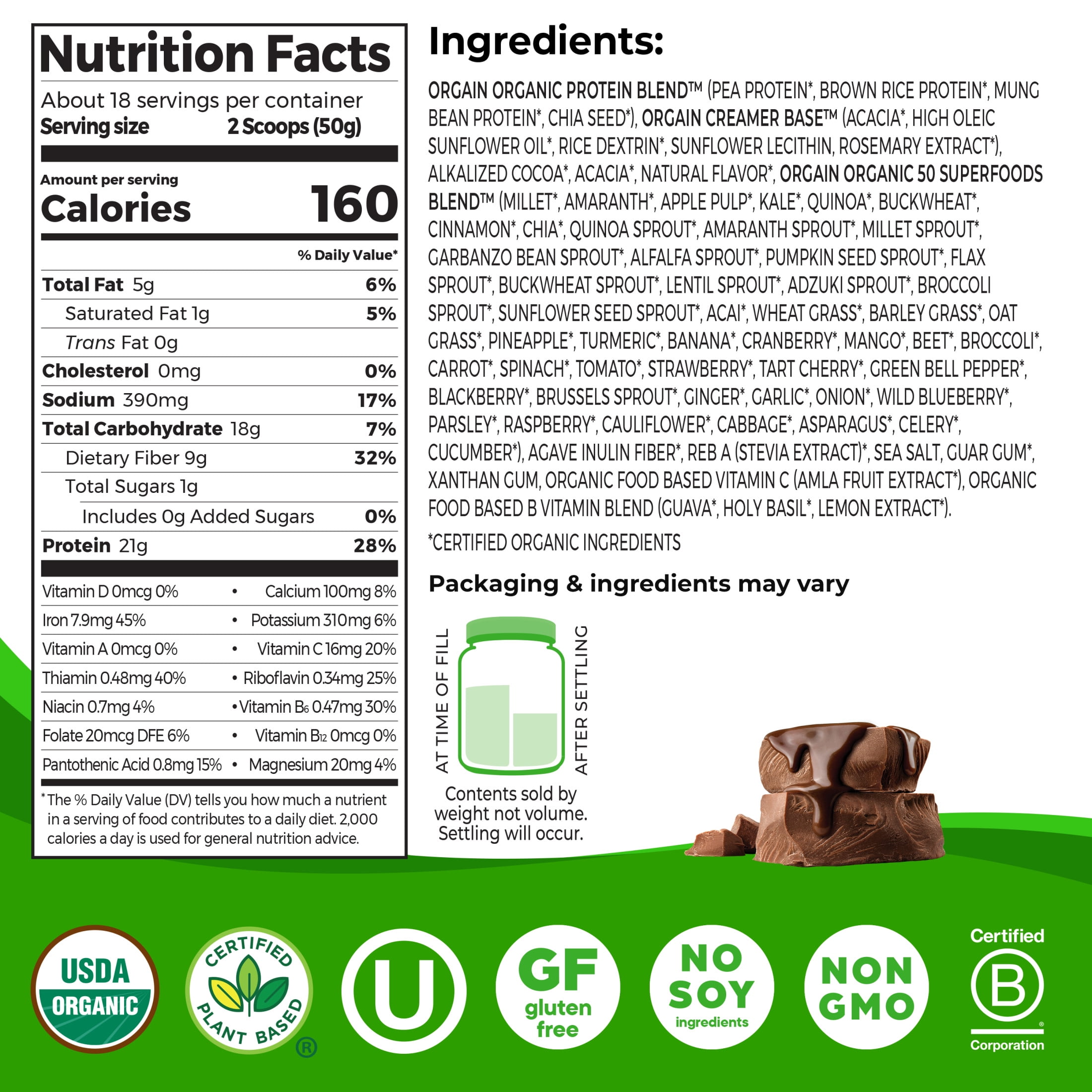 Orgain Organic Vegan Protein Shake Powder Chocolate 2.02lb with 50 Superfoods - Plant Based Ample Nutrition