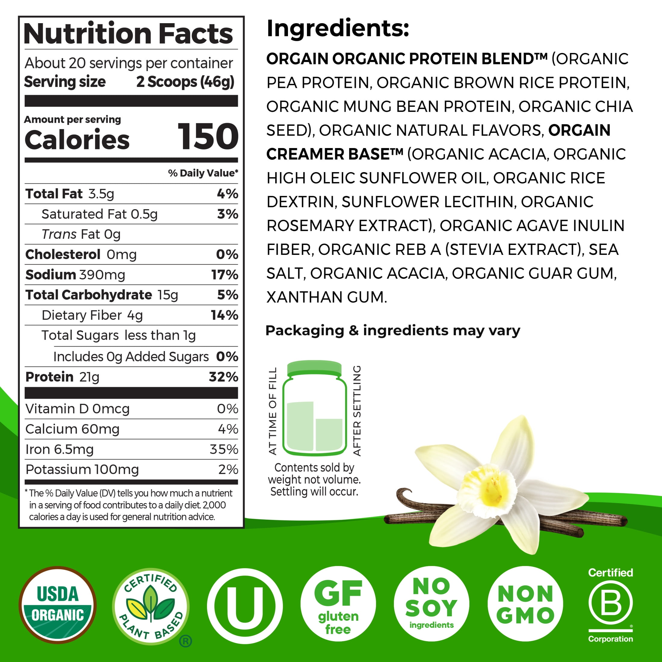 Orgain Organic Vegan Protein Powder Vanilla Bean 2.03lb Plant Based Shake Drink - 21g Protein