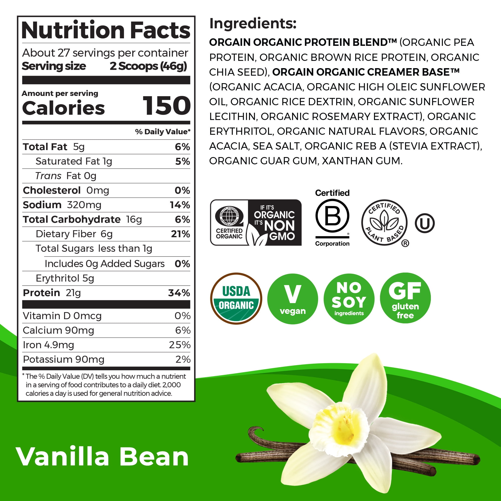 Orgain Organic Vegan Protein Powder Plant Based Vanilla Bean 2.7lb
