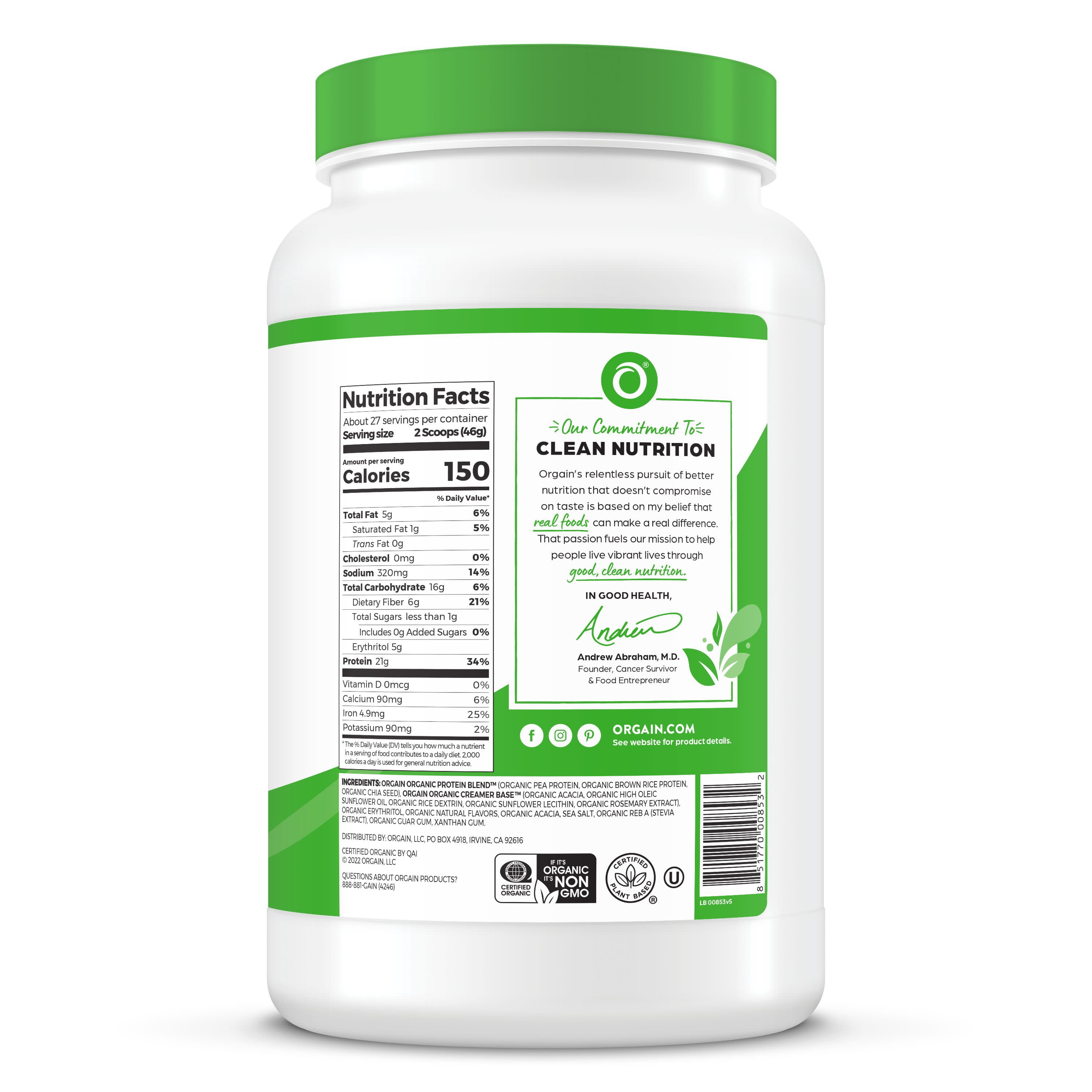Orgain Organic Vegan Protein Powder Plant Based Vanilla Bean 2.7lb