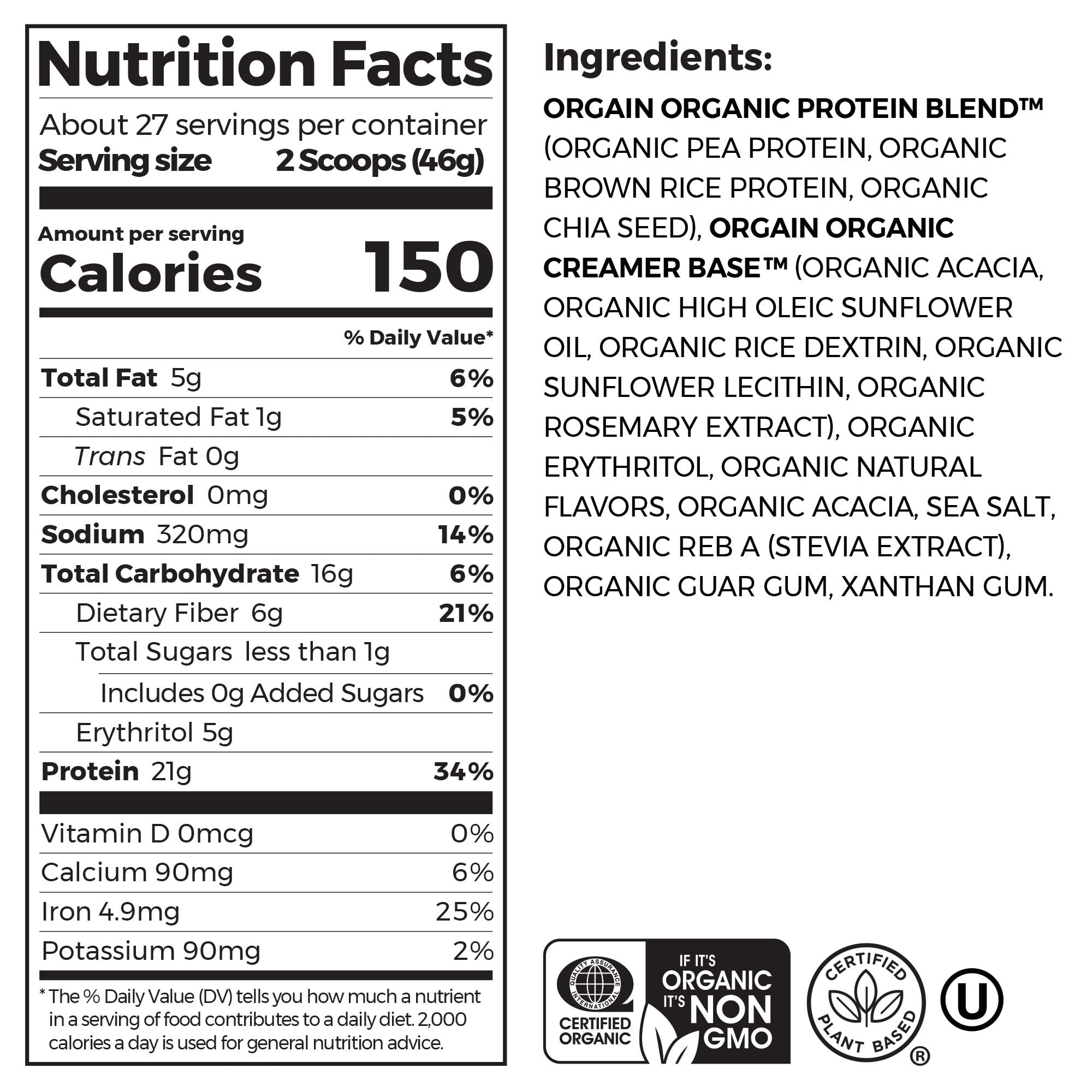 Orgain Organic Vegan Protein Powder Plant Based Vanilla Bean 2.7lb