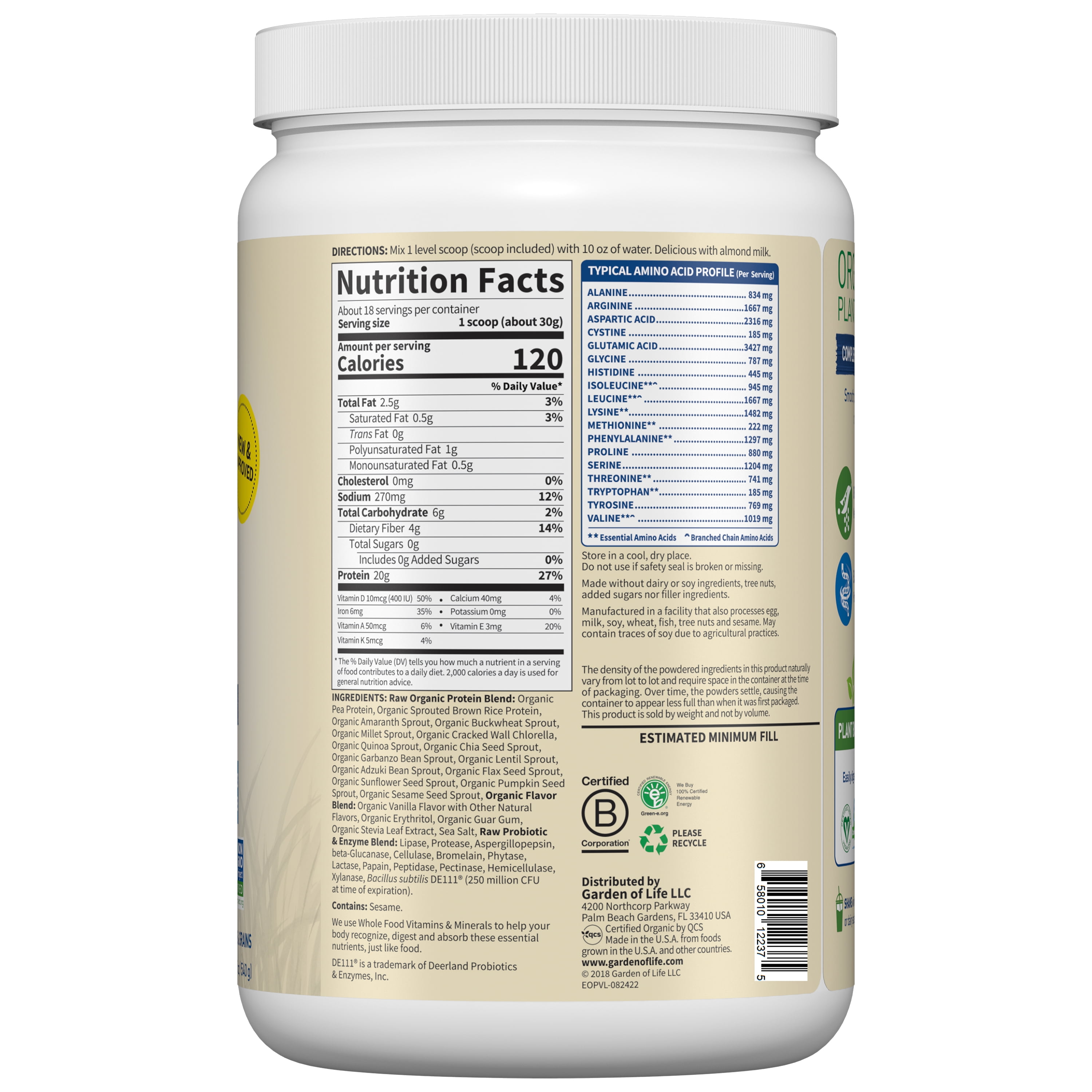 Garden of Life Organic Plant Based Probiotic 20g Protein Shake Drink Powder Vanilla 19.05oz AmerikaSepetim
