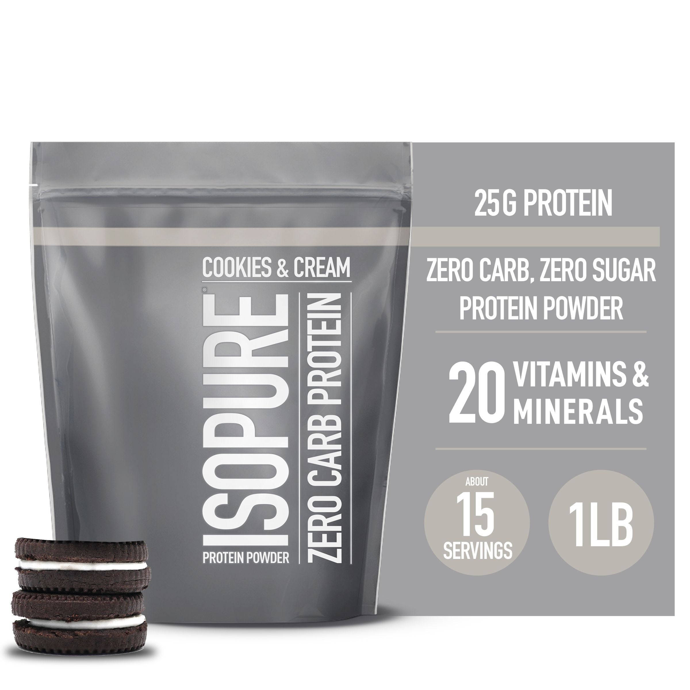 Isopure Zero Carb Protein Powder with Vitamin C & Zinc, 25g Protein, Cookies & Cream Flavor, 1lb