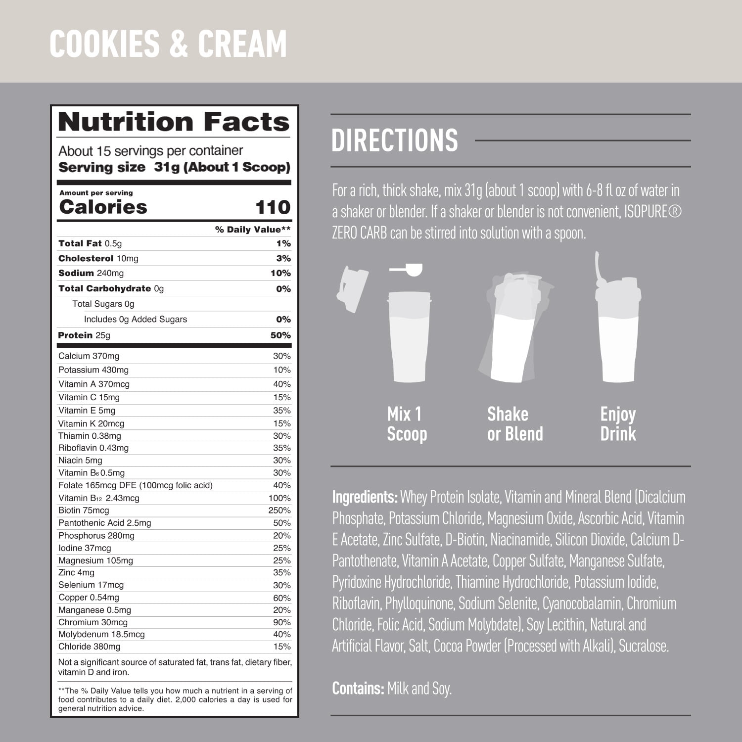 Isopure Zero Carb Protein Powder with Vitamin C & Zinc, 25g Protein, Cookies & Cream Flavor, 1lb