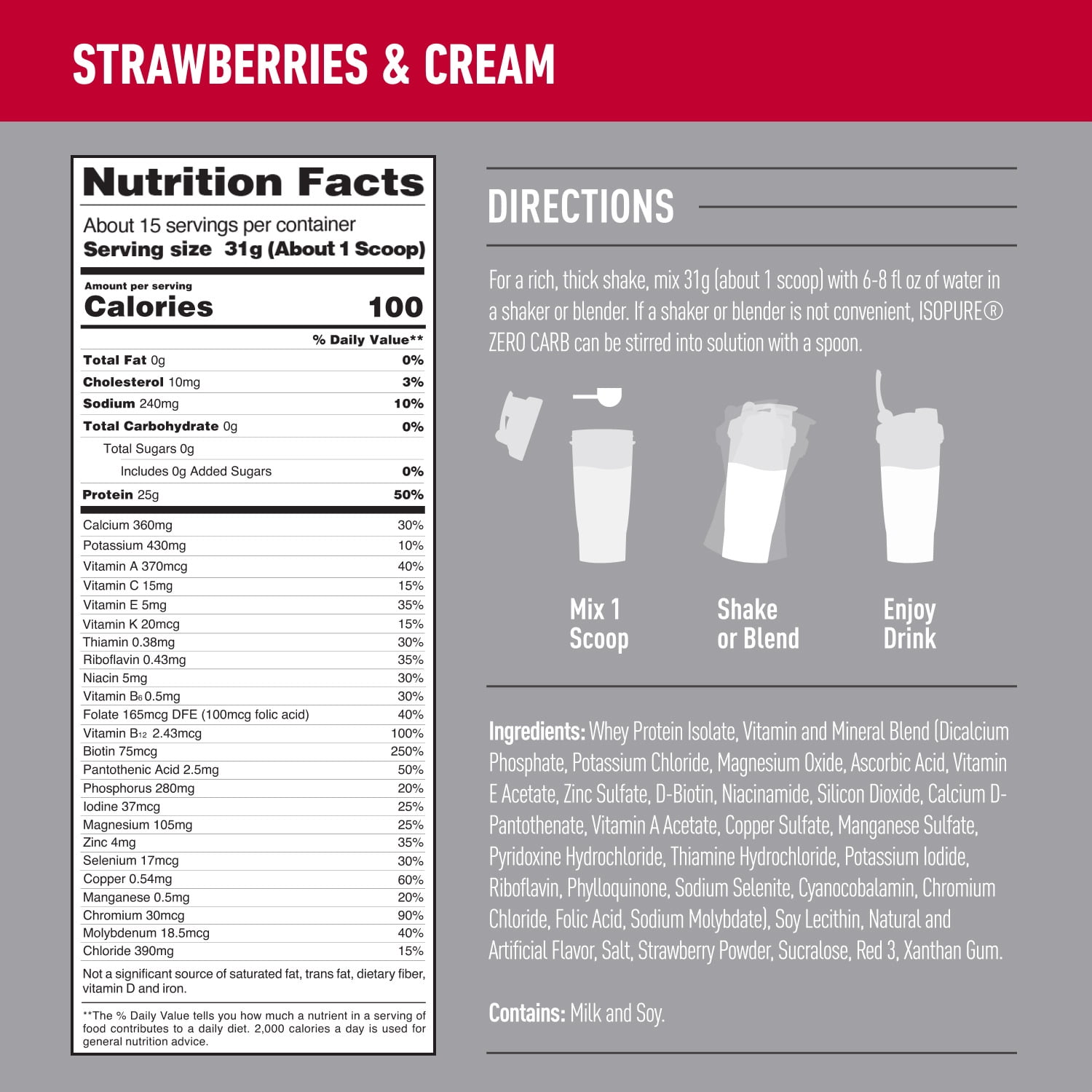 Isopure Whey Isolate Protein Powder Vitamin C Zinc Immune Support 25g Protein Zero Carb Keto Friendly Strawberries & Cream Flavor 1 Pound