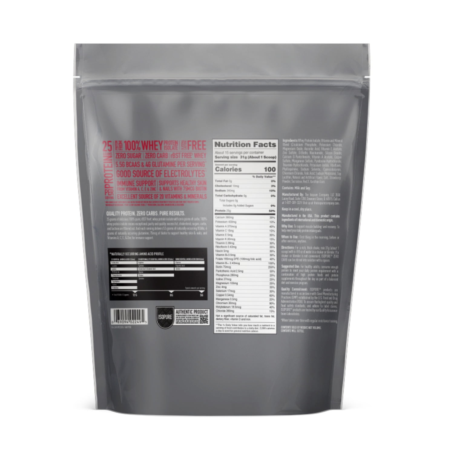 Isopure Whey Isolate Protein Powder Vitamin C Zinc Immune Support 25g Protein Zero Carb Keto Friendly Strawberries & Cream Flavor 1 Pound